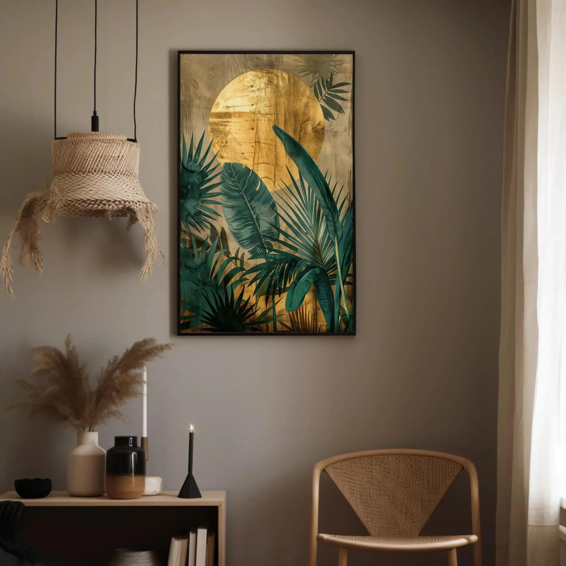 Golden Sun and Tropical Plants Wall Art | Green and Gold Jungle Canvas Print | Tropical Nature Wall Decor | Large Botanical Forest Art Wall Art – Canvas Print