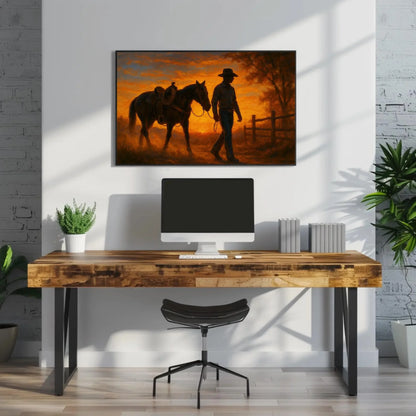 Cowboy and Horse Sunset Canvas Print – Western Ranch Wall Art Painting for Rustic Country Home Decor, Cowboy Silhouette Orange Sky Wall Art – Canvas Print