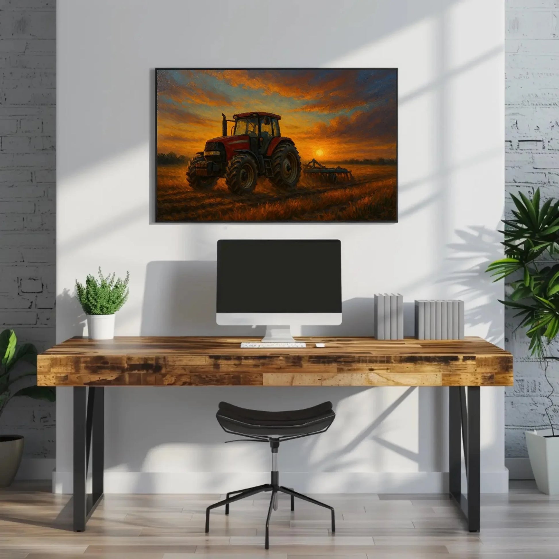 Red Tractor at Sunset in Rural Farm Field – Rustic Country Landscape Canvas Wall Art – Farming Painting for Modern Barn or Home Decor Wall Art – Canvas Print