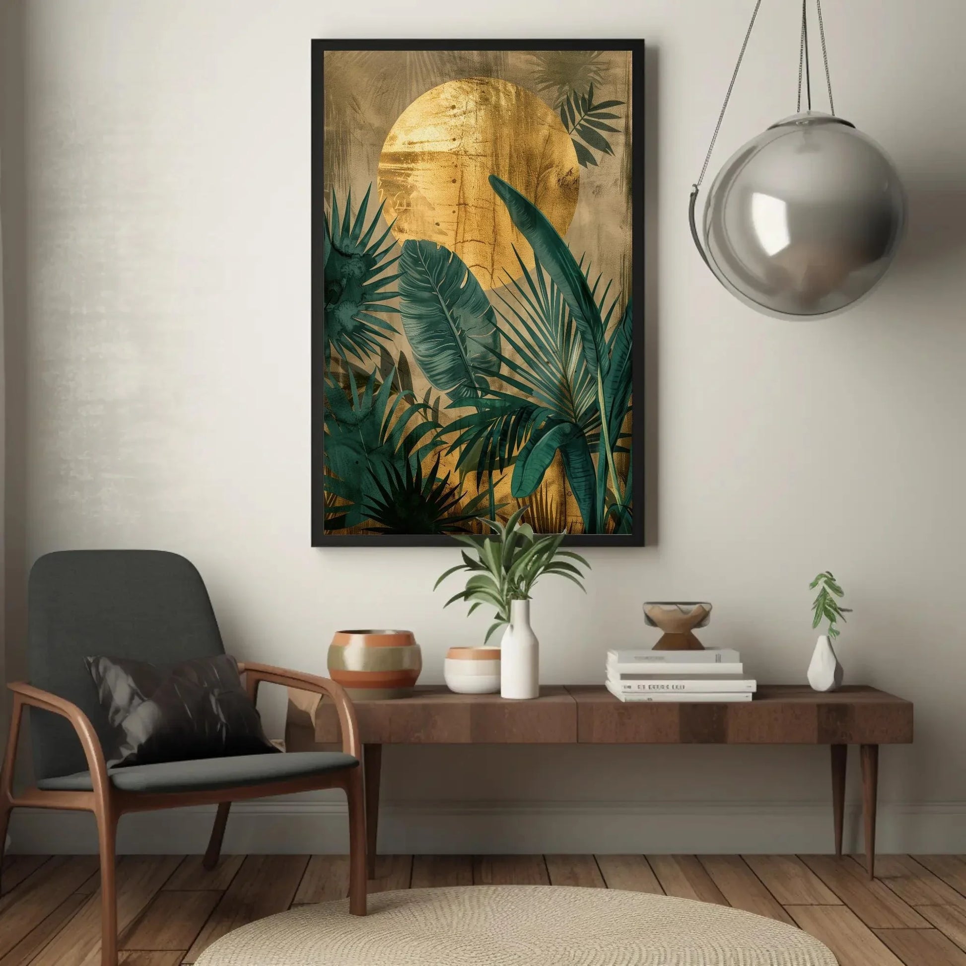 Golden Sun and Tropical Plants Wall Art | Green and Gold Jungle Canvas Print | Tropical Nature Wall Decor | Large Botanical Forest Art Wall Art – Canvas Print