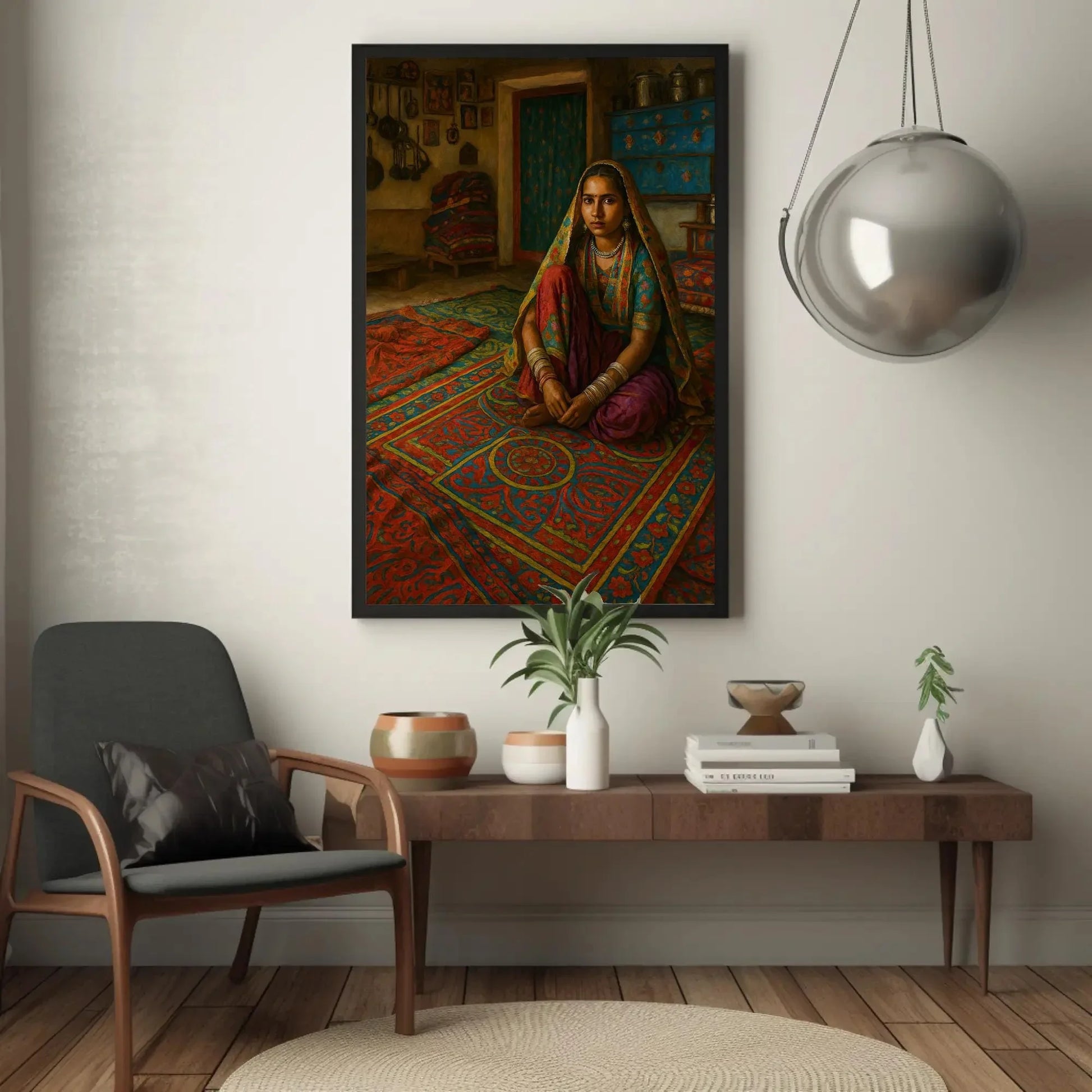 Traditional Gujarati Woman in Vibrant Rural Home Interior Sitting on Red Blue Rug Canvas Painting Cultural Wall Art Print Wall Art – Canvas Print