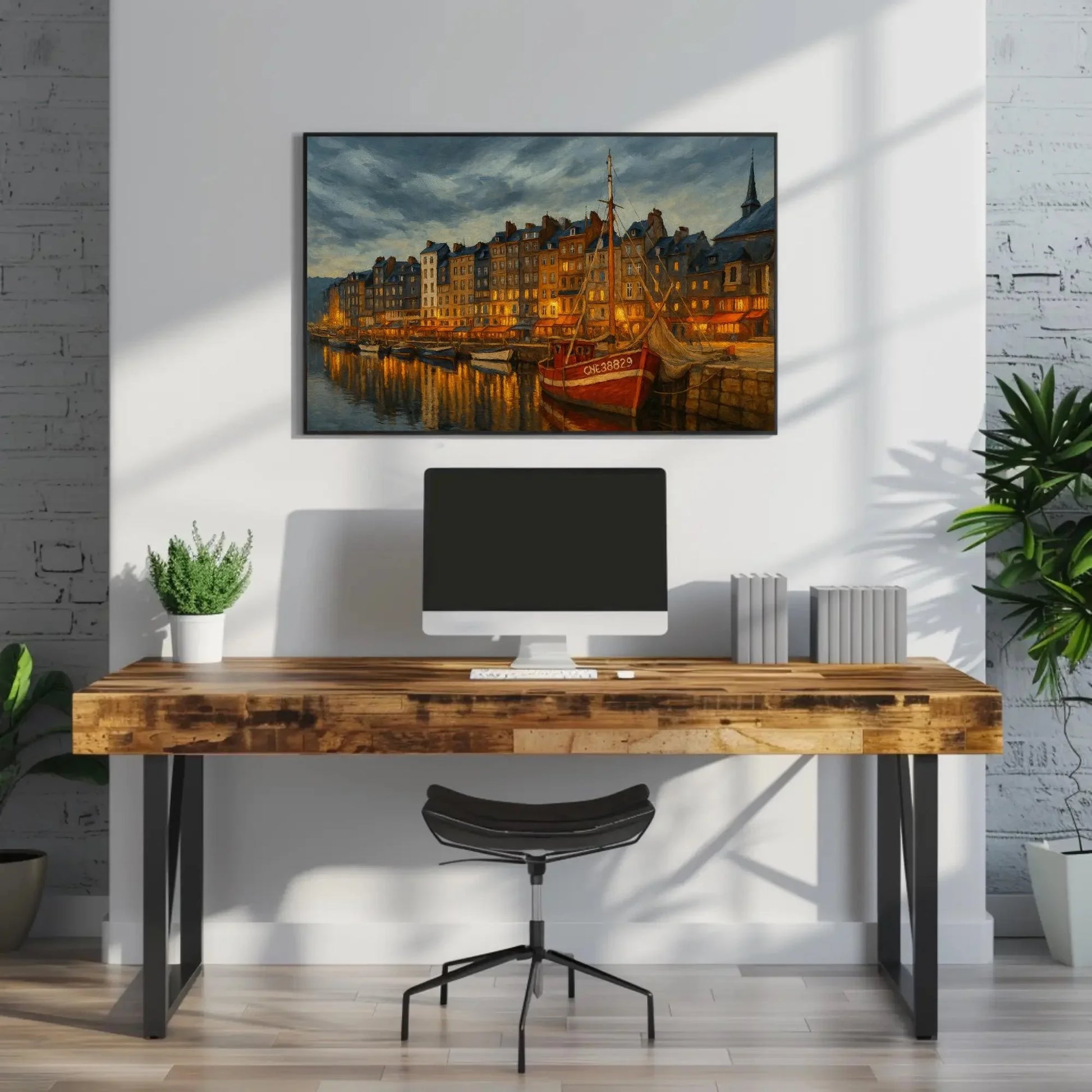 Honfleur France Harbor at Twilight Canvas Print Red Boat Seaside Town Wall Art for Coastal Decor and European Travel Gift Wall Art – Canvas Print