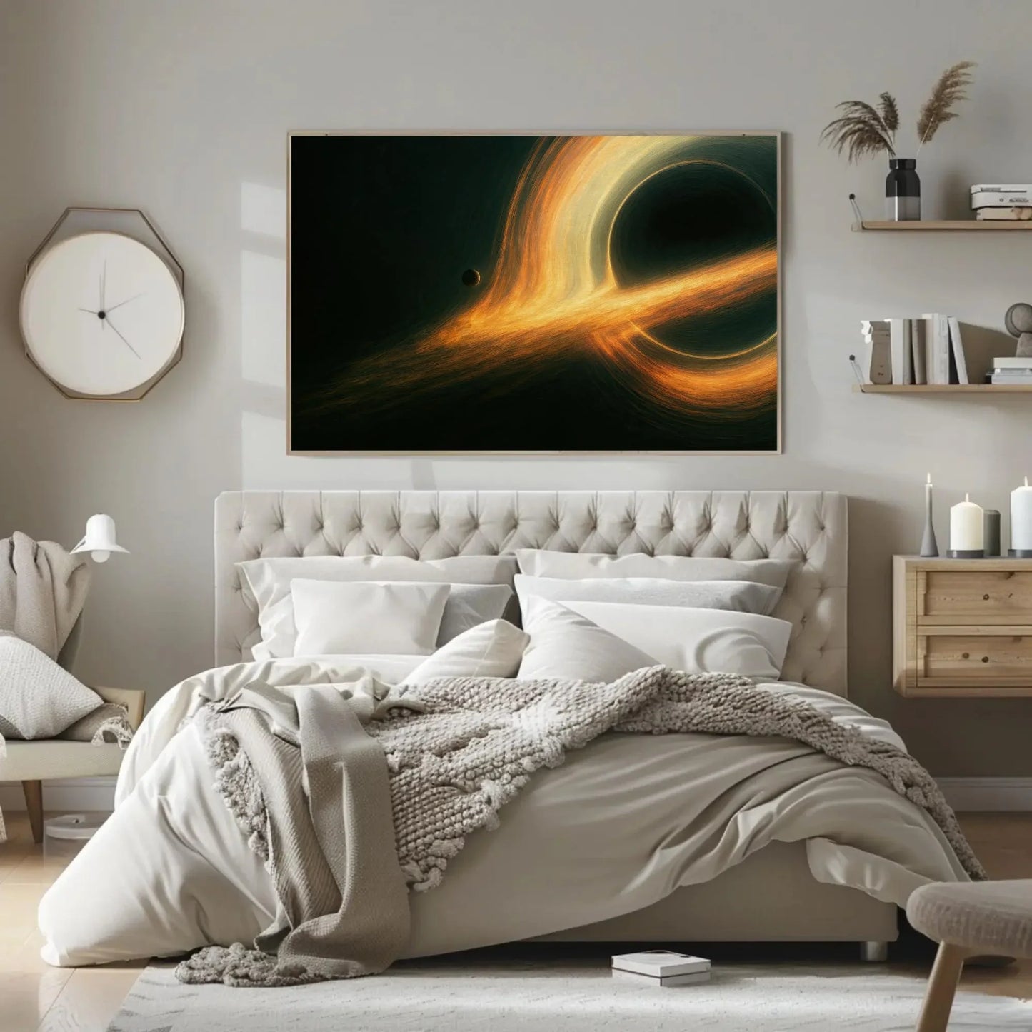 Black Hole Eating Planet Canvas Print with Fiery Accretion Disk, Space Wall Art for Astronomy Lovers, Cosmic Galaxy Painting for Home Decor Wall Art – Canvas Print