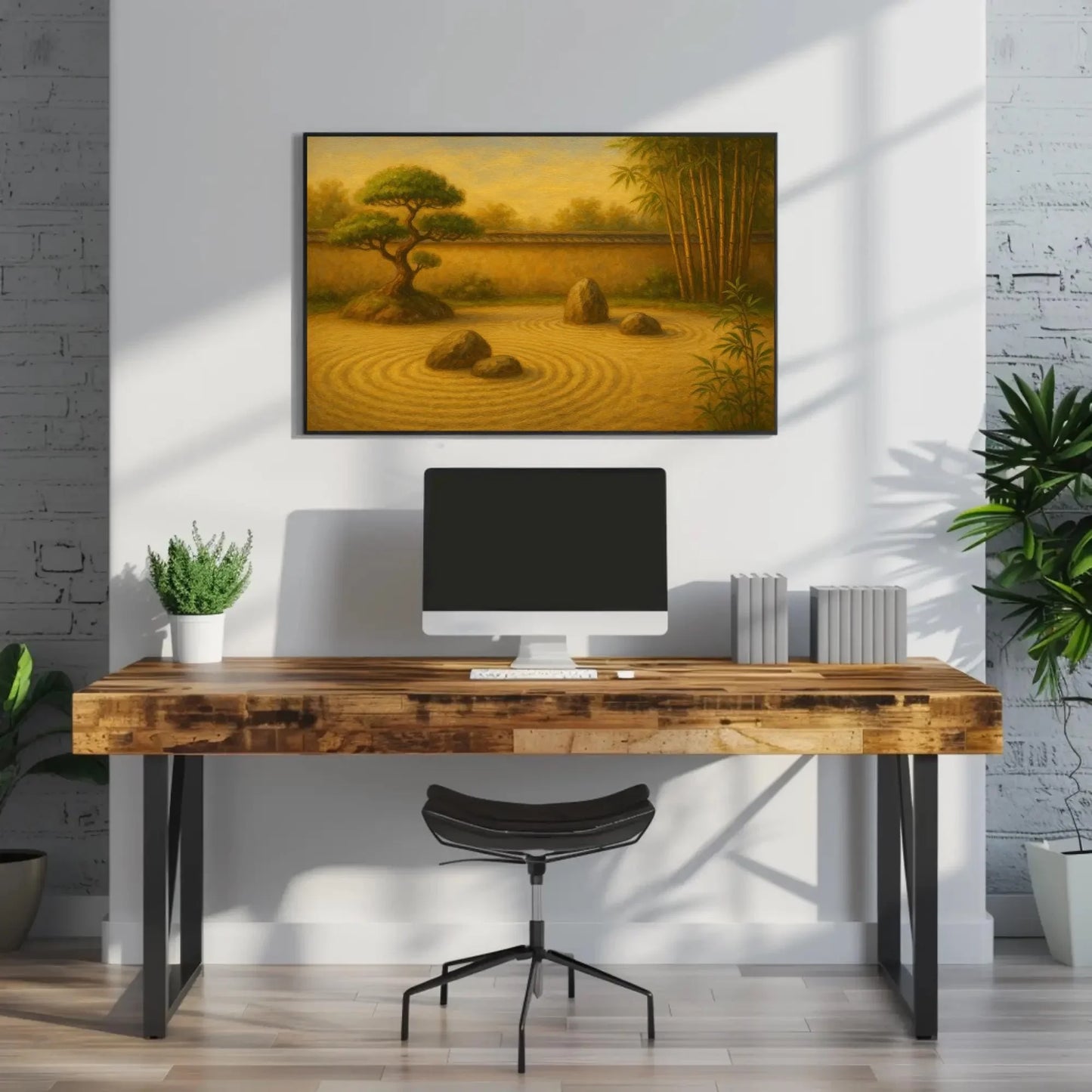 Tranquil Japanese Zen Garden Wall Art Canvas Print with Raked Sand Bonsai and Bamboo Trees for Peaceful Minimalist Asian Home Decor Wall Art – Canvas Print