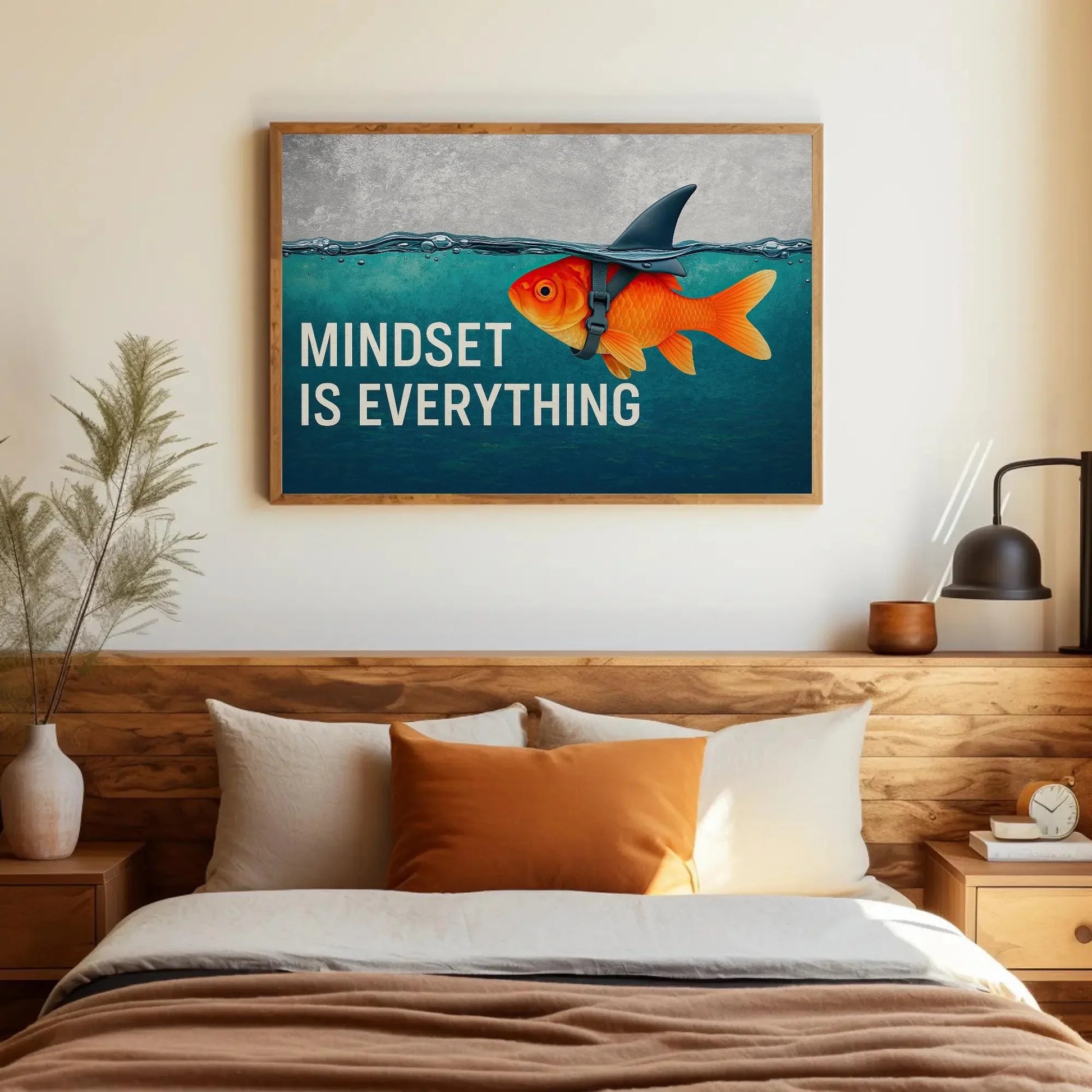 Mindset Is Everything Canvas Print, Extra Large Motivational Blue Goldfish with Shark Fin Wall Art, Inspirational Decor for Office, Gym Wall Art – Canvas Print