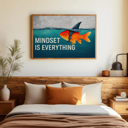 Mindset Is Everything Canvas Print, Extra Large Motivational Blue Goldfish with Shark Fin Wall Art, Inspirational Decor for Office, Gym Wall Art – Canvas Print