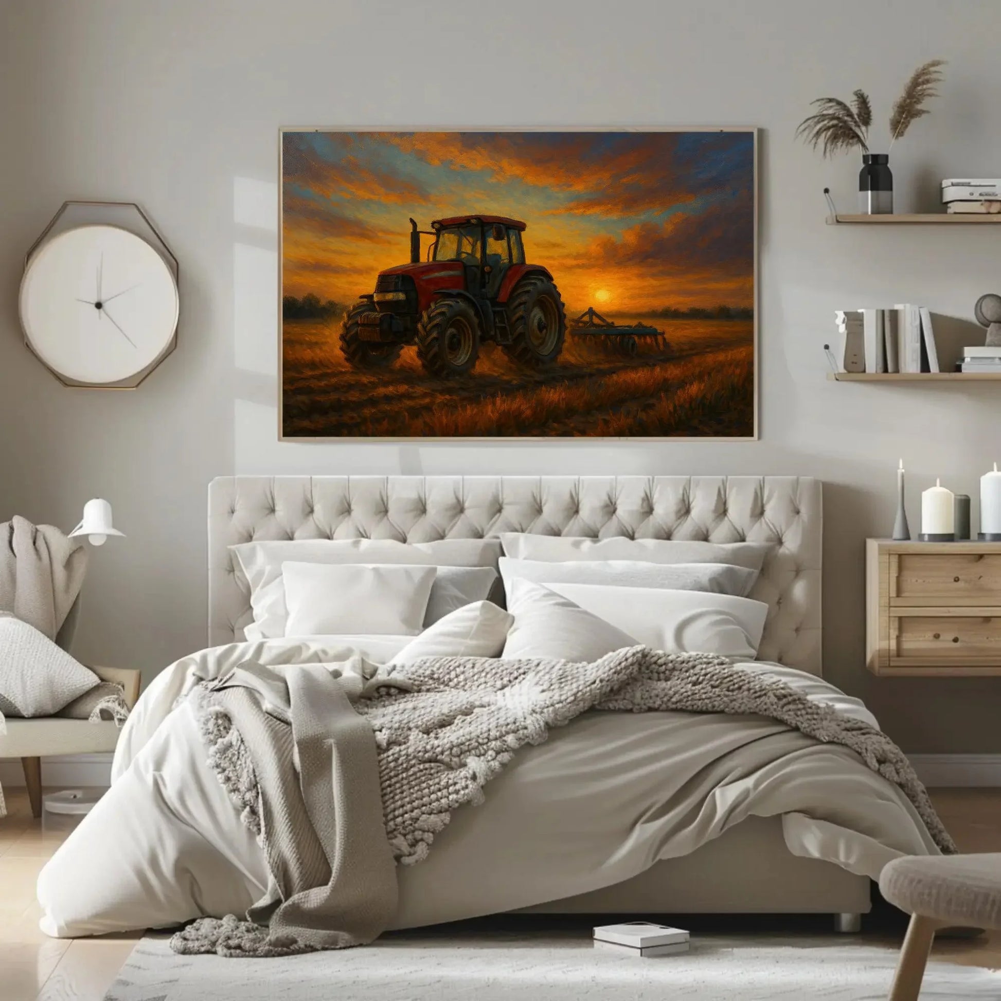 Red Tractor at Sunset in Rural Farm Field – Rustic Country Landscape Canvas Wall Art – Farming Painting for Modern Barn or Home Decor Wall Art – Canvas Print