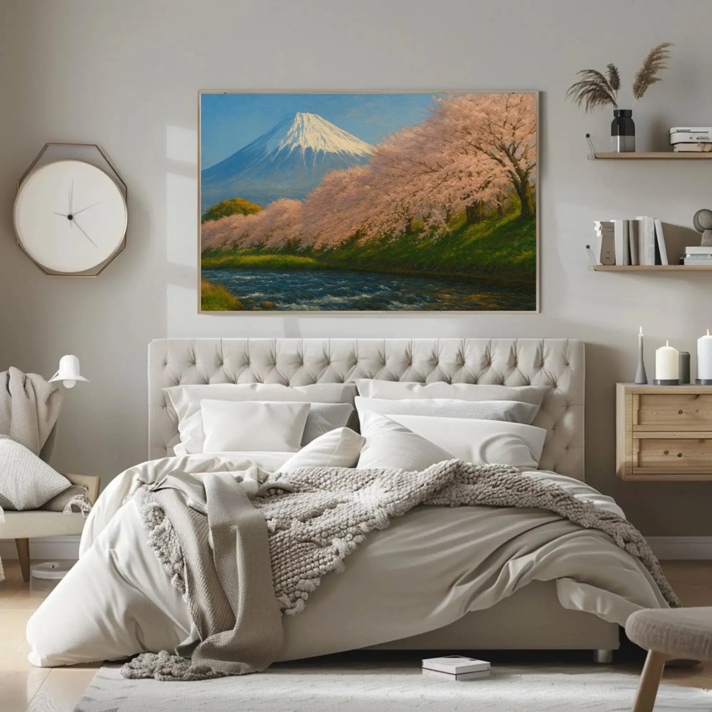 Mount Fuji and Cherry Blossom Wall Art Canvas Print with Spring Sakura Trees and Flowing River in Serene Japanese Landscape Painting Wall Art – Canvas Print