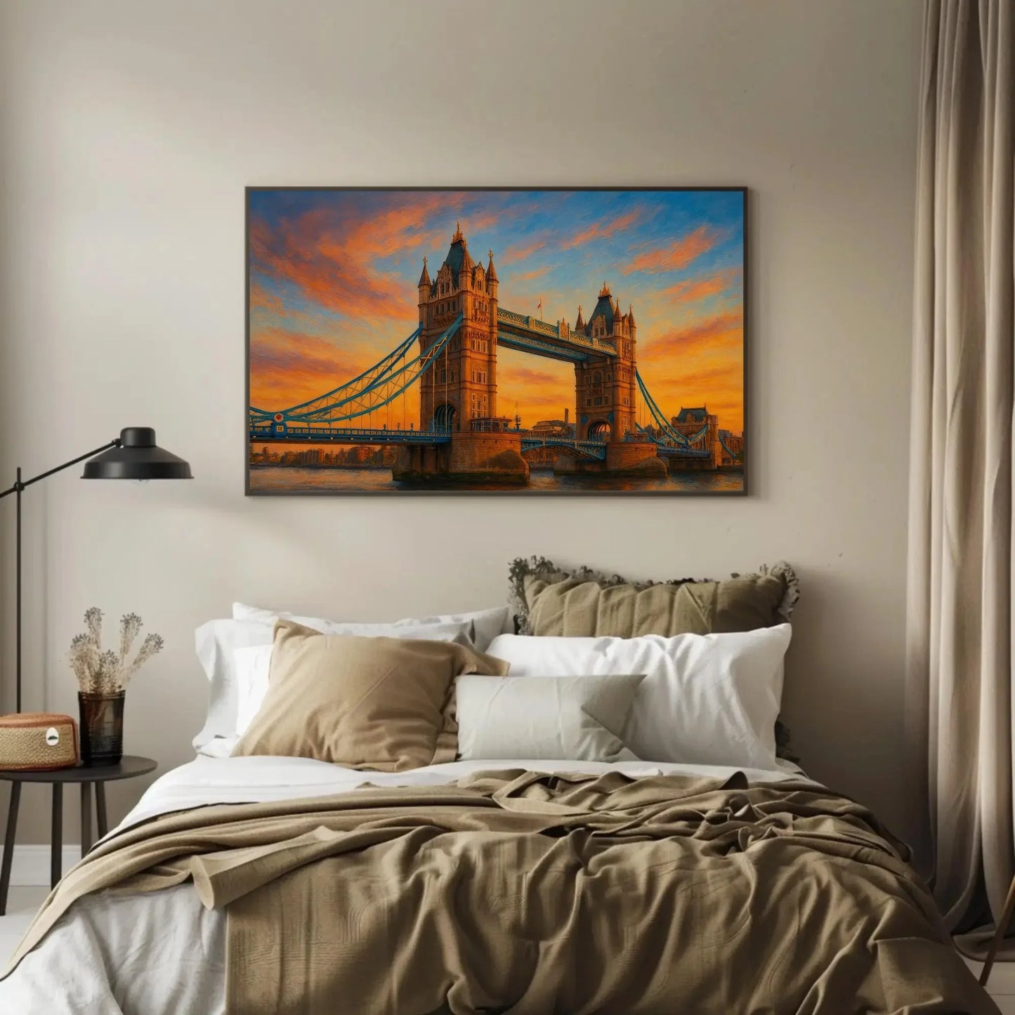 Tower Bridge London Canvas Print – UK Sunset Landscape Painting – Iconic Landmark Cityscape Wall Art for Modern Home Decor Wall Art – Canvas Print