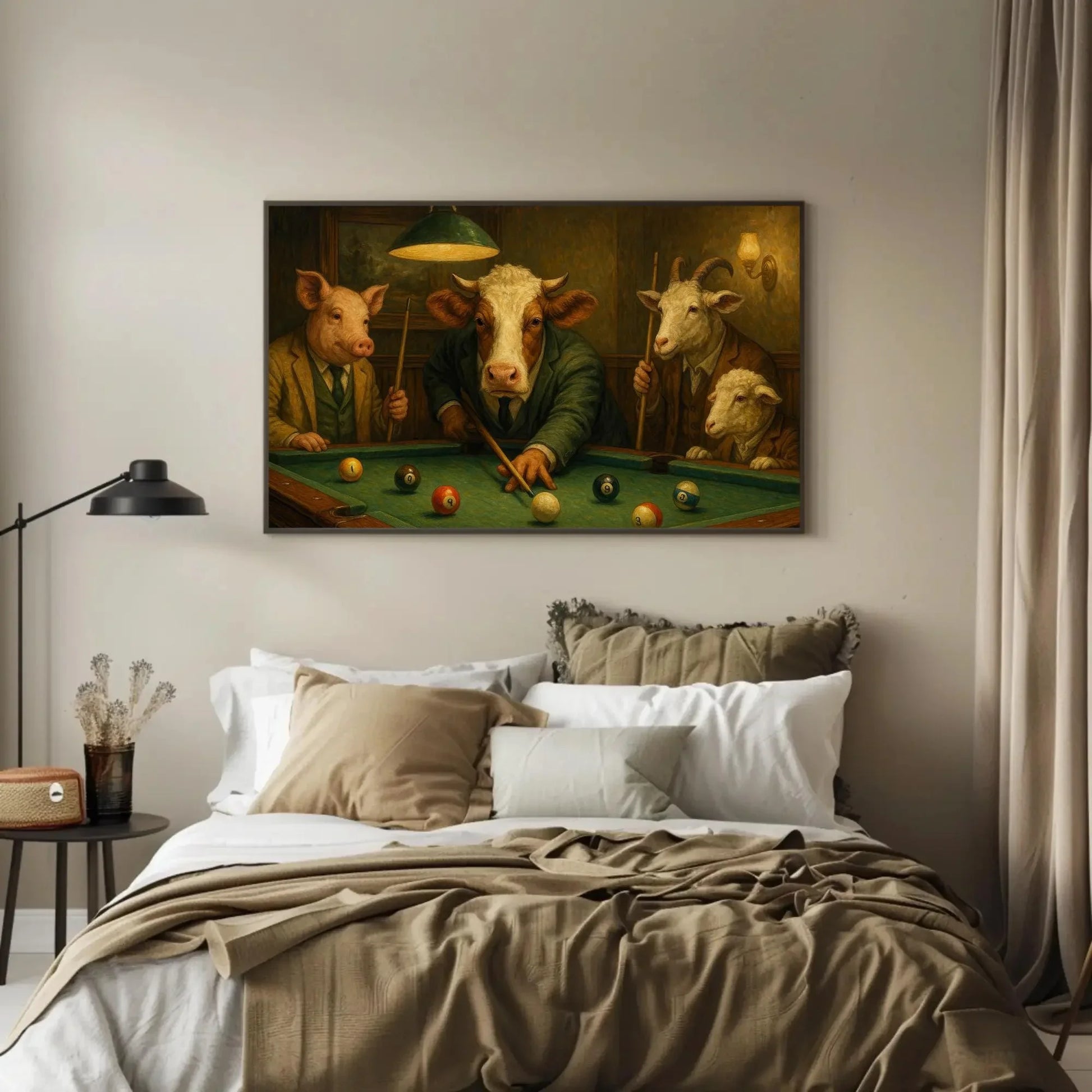 Farm Animal Pool Game Canvas Print Funny Art of Pig Cow Goat and Sheep Playing Billiards Suited Animals Wall Decor for Bar or Game Room Wall Art – Canvas Print