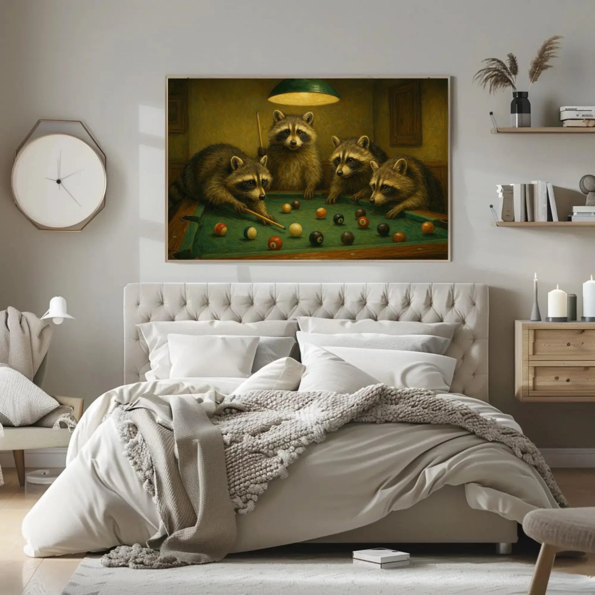 Raccoon Family Playing Pool Canvas Print Cute Animal Painting of Raccoons at Billiards Table Funny Wall Art for Bar Lounge or Cabin Wall Art – Canvas Print