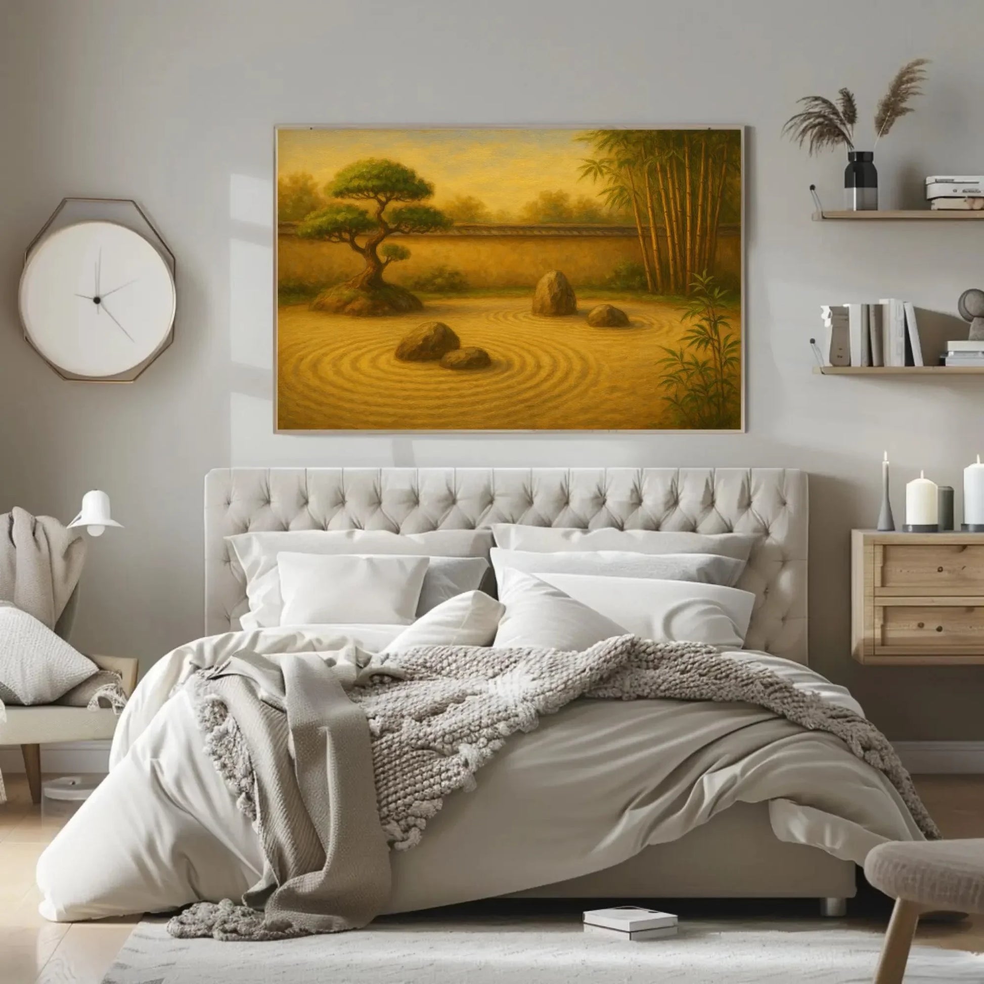 Tranquil Japanese Zen Garden Wall Art Canvas Print with Raked Sand Bonsai and Bamboo Trees for Peaceful Minimalist Asian Home Decor Wall Art – Canvas Print