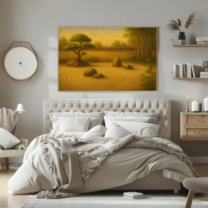 Tranquil Japanese Zen Garden Wall Art Canvas Print with Raked Sand Bonsai and Bamboo Trees for Peaceful Minimalist Asian Home Decor Wall Art – Canvas Print