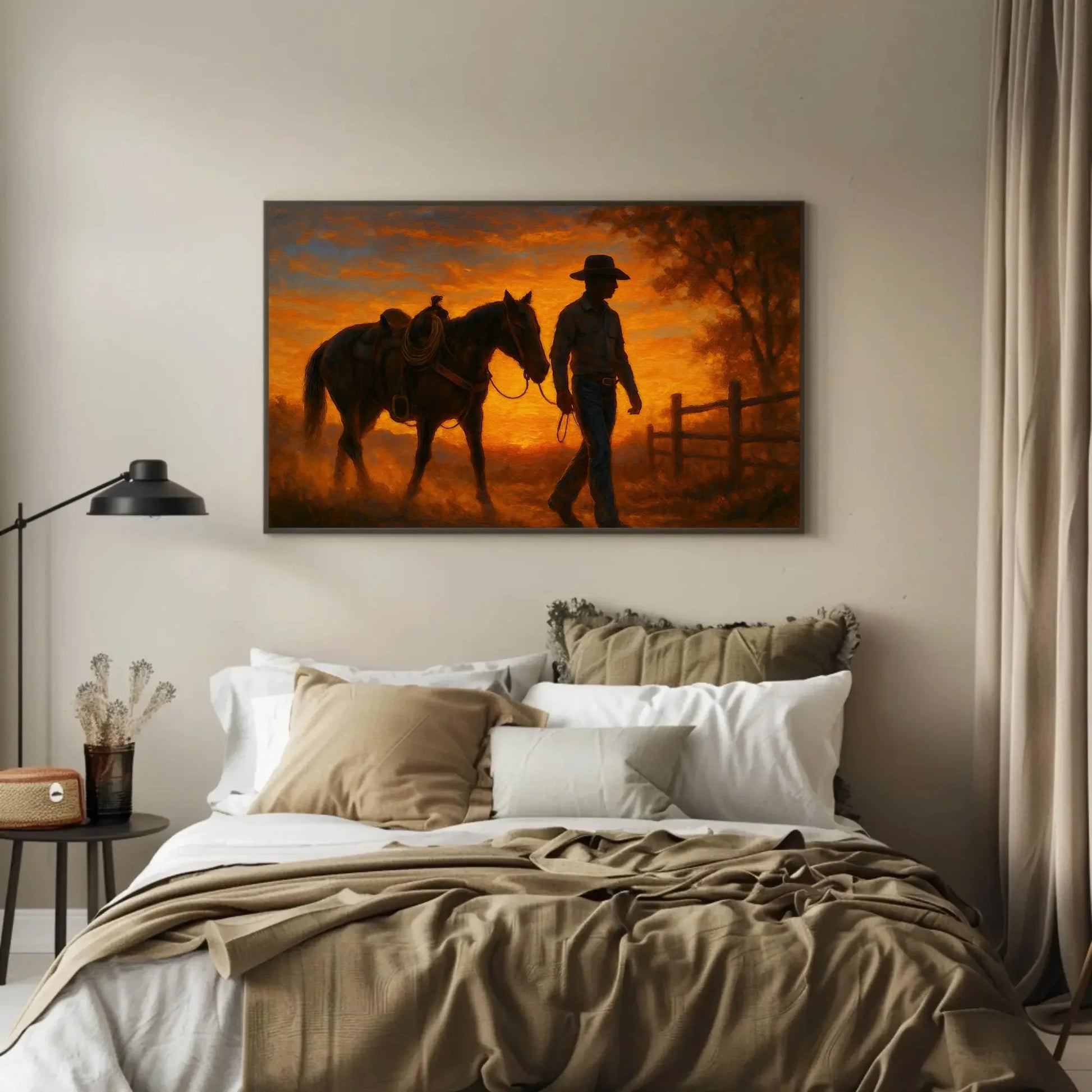 Cowboy and Horse Sunset Canvas Print – Western Ranch Wall Art Painting for Rustic Country Home Decor, Cowboy Silhouette Orange Sky Wall Art – Canvas Print