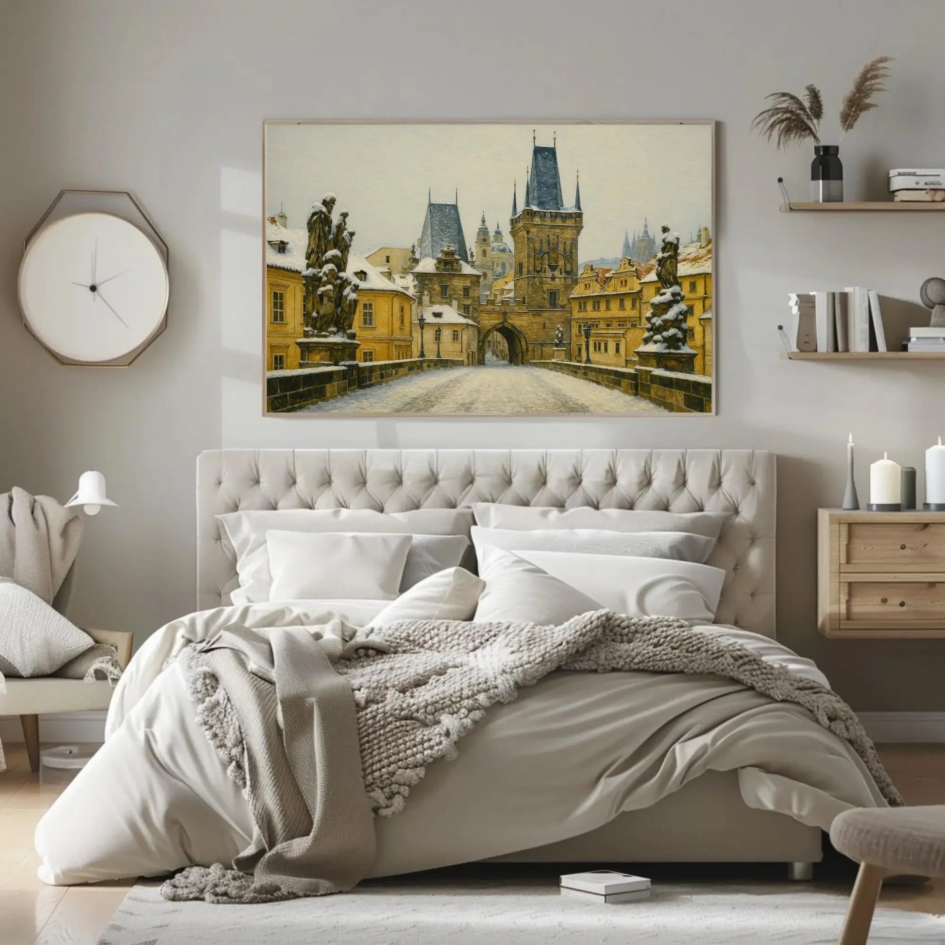 Charles Bridge Prague Winter Canvas Painting Print Czech Cityscape Wall Art Snowy Gothic Architecture Artwork for Living Room Decor Wall Art – Canvas Print
