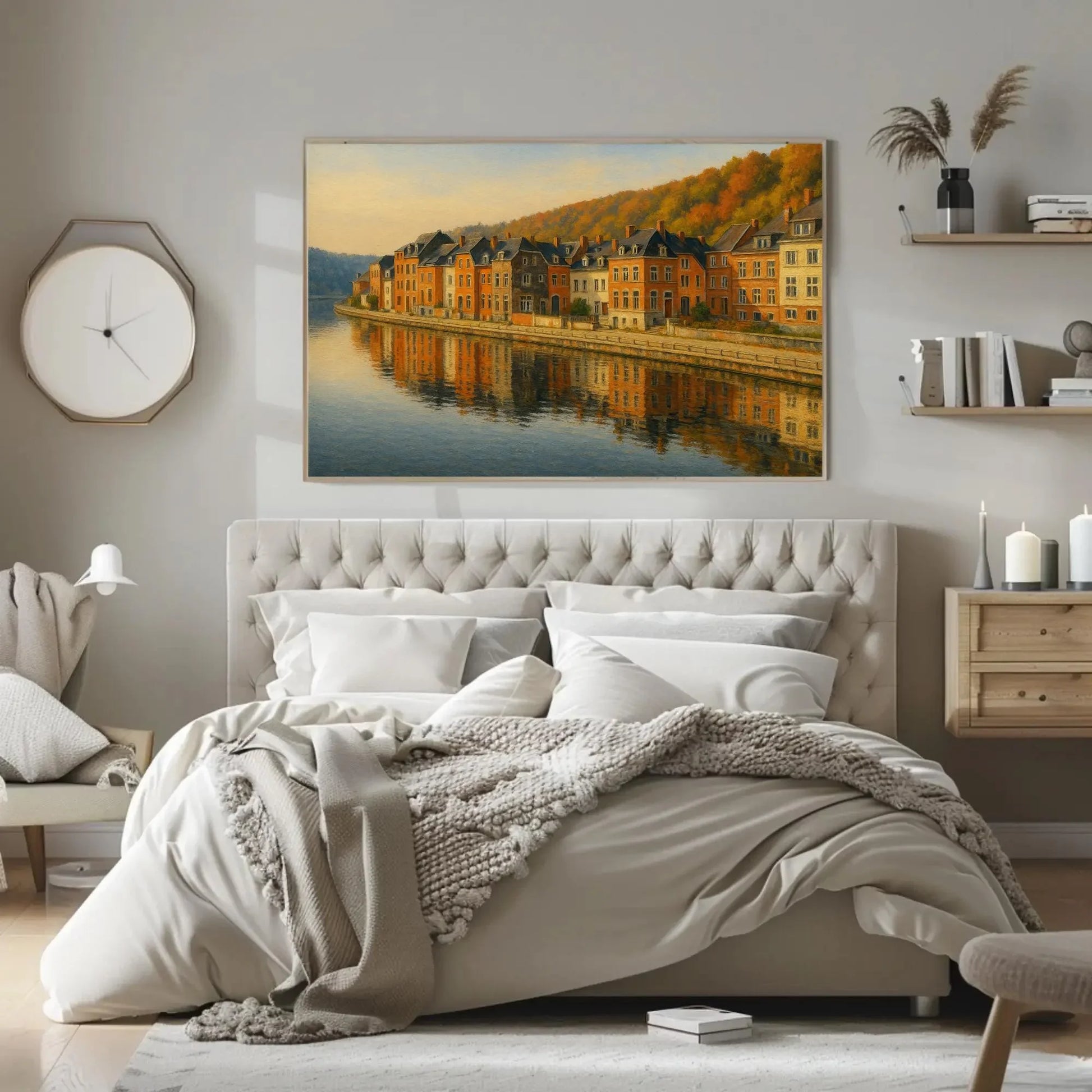 Dinant Belgium Riverside Canvas Wall Art – Reflections of Historic Townhouses Painting for European Travel Home Decor Wall Art – Canvas Print