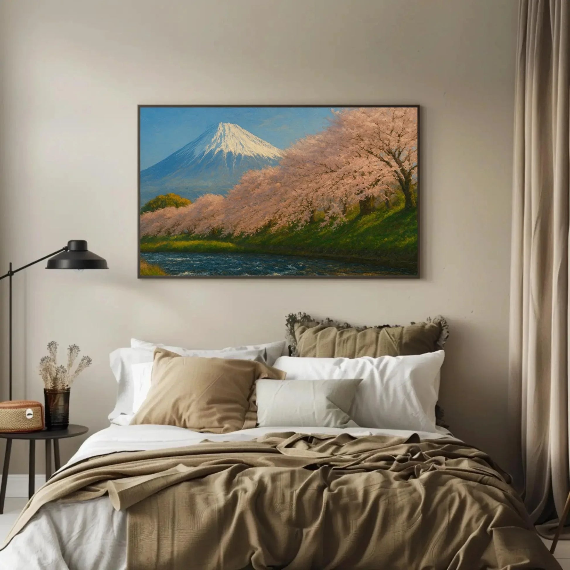 Mount Fuji and Cherry Blossom Wall Art Canvas Print with Spring Sakura Trees and Flowing River in Serene Japanese Landscape Painting Wall Art – Canvas Print