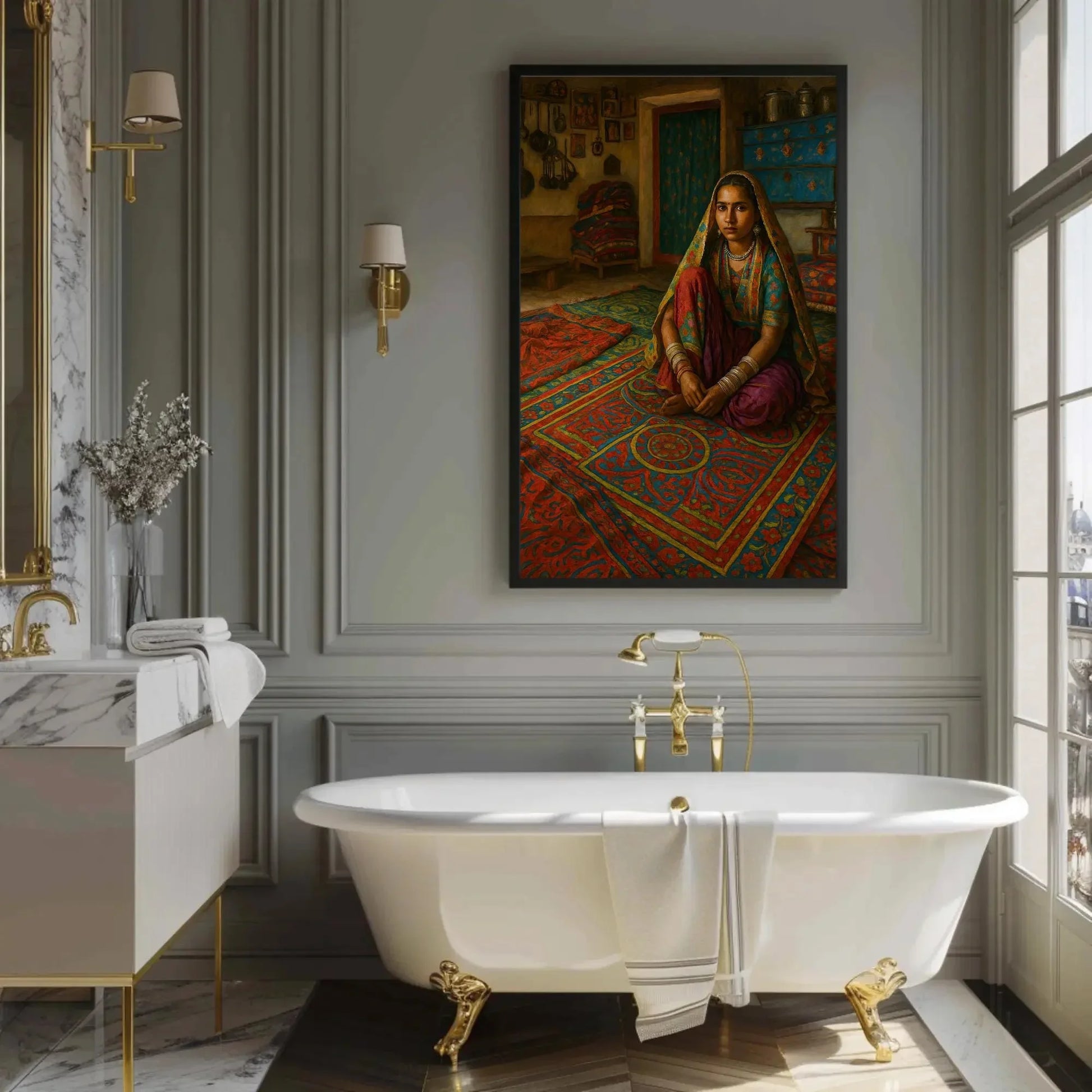 Traditional Gujarati Woman in Vibrant Rural Home Interior Sitting on Red Blue Rug Canvas Painting Cultural Wall Art Print Wall Art – Canvas Print
