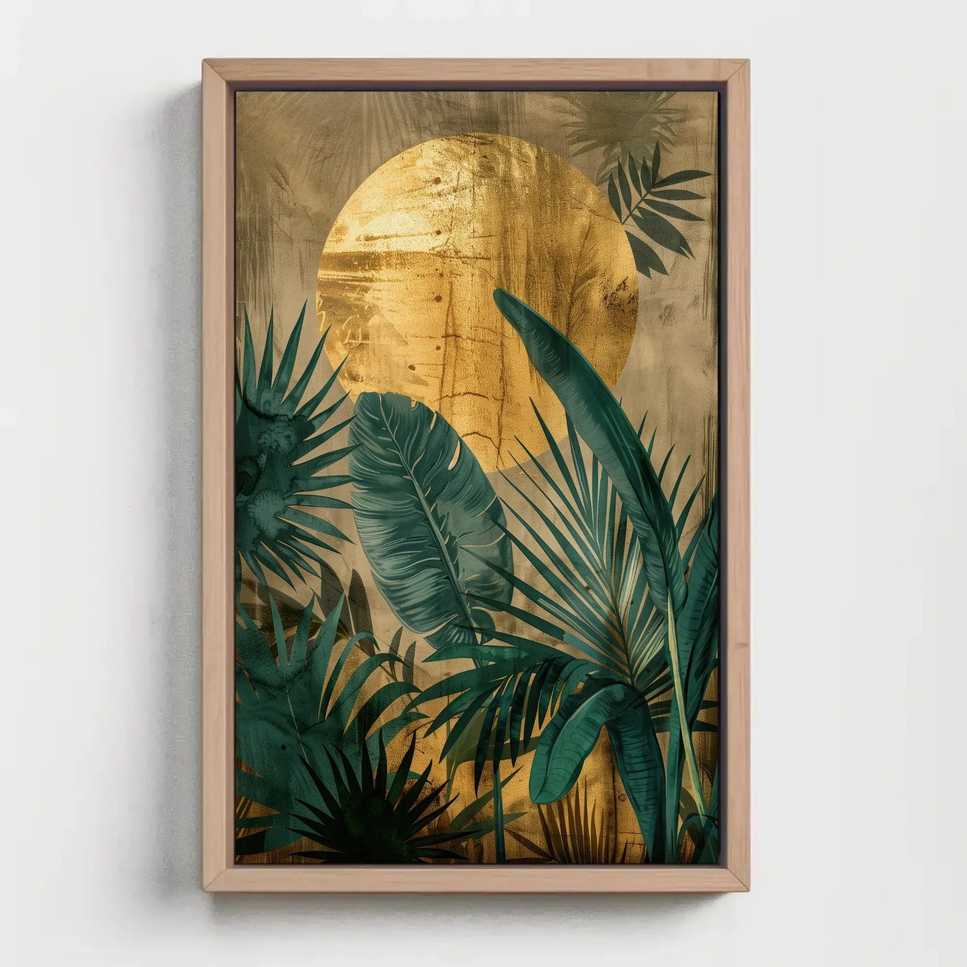 Golden Sun and Tropical Plants Wall Art | Green and Gold Jungle Canvas Print | Tropical Nature Wall Decor | Large Botanical Forest Art Wall Art – Canvas Print