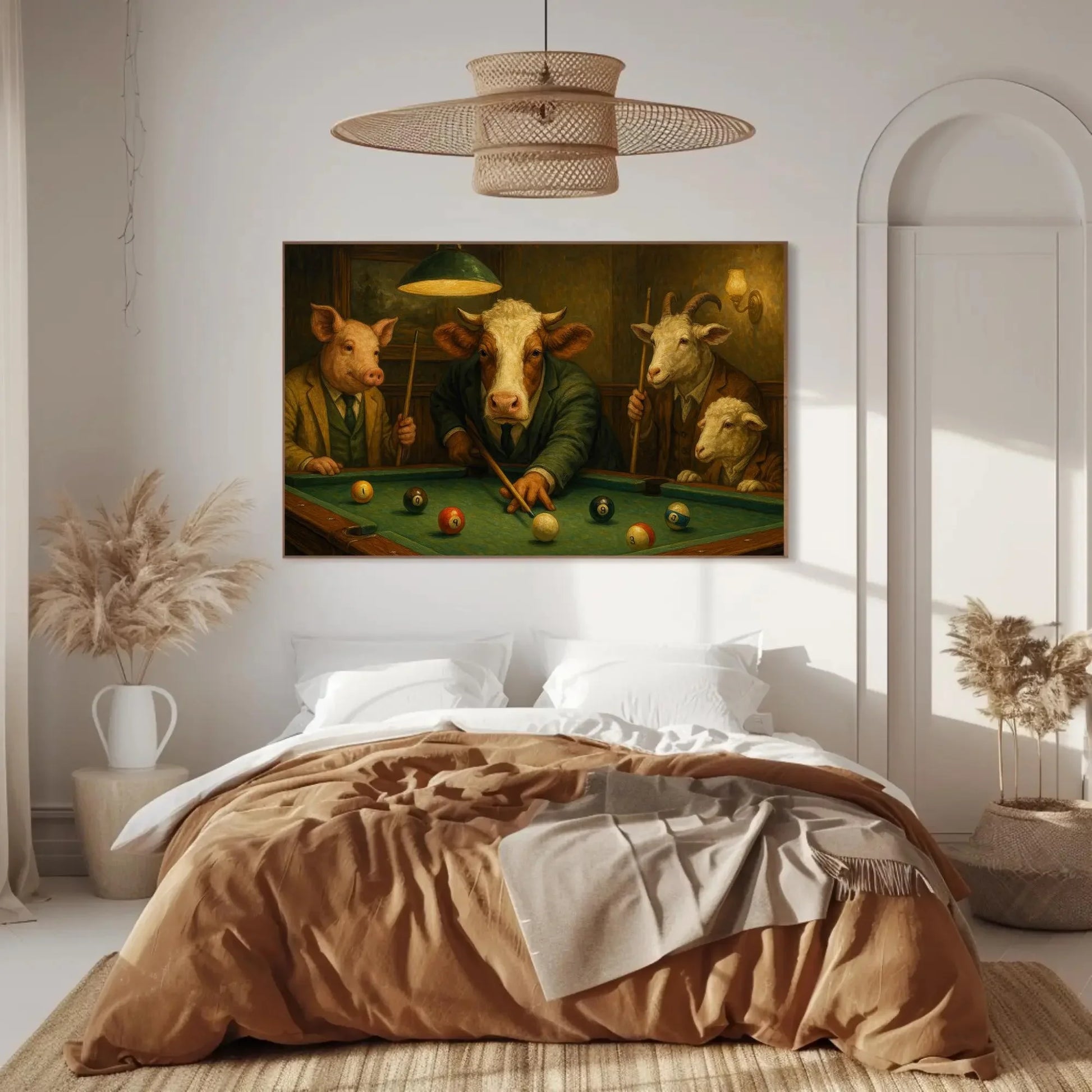 Farm Animal Pool Game Canvas Print Funny Art of Pig Cow Goat and Sheep Playing Billiards Suited Animals Wall Decor for Bar or Game Room Wall Art – Canvas Print