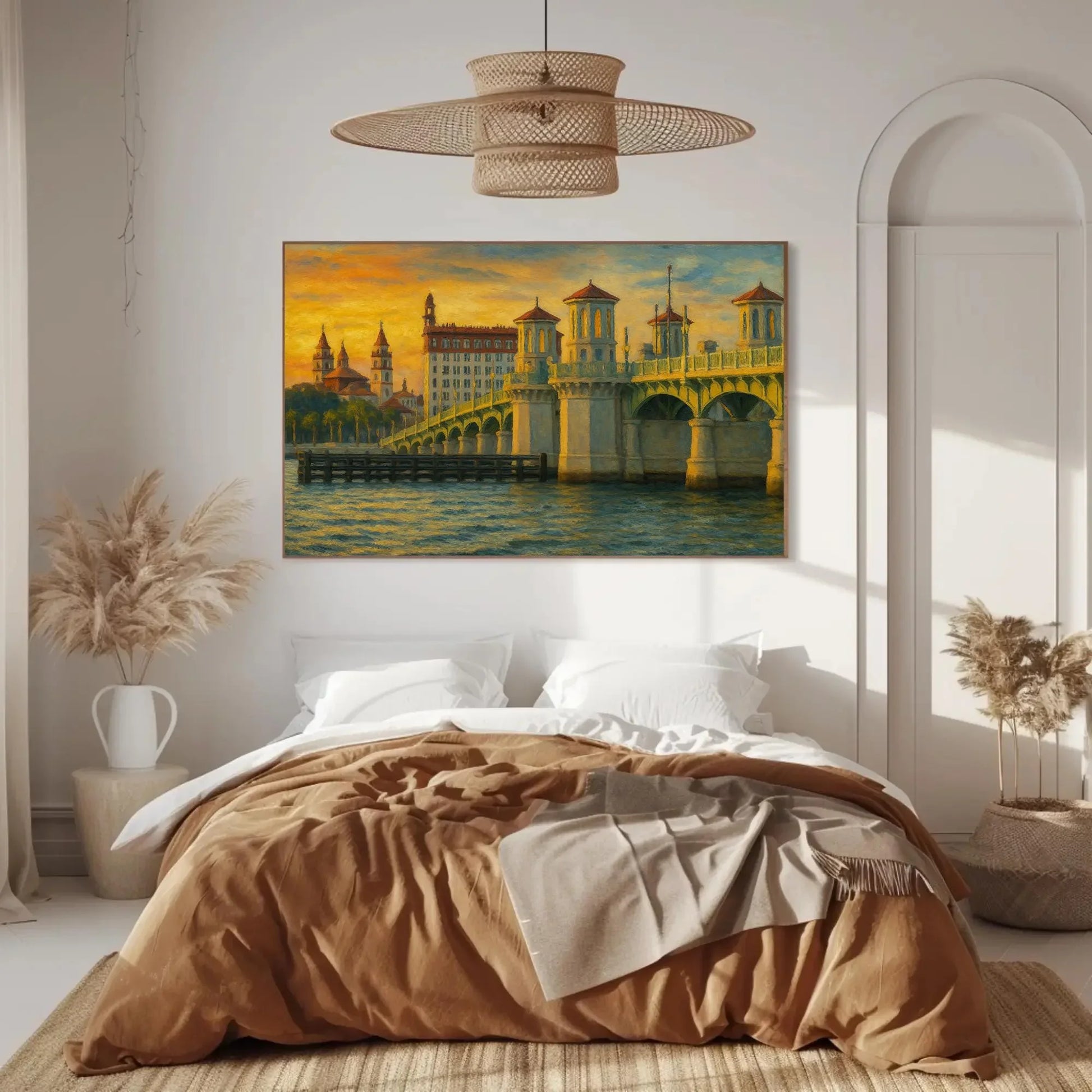 St. Augustine Bridge of Lions canvas painting wall art print Florida coastal sunset decor for living room office or entryway artwork Wall Art – Canvas Print