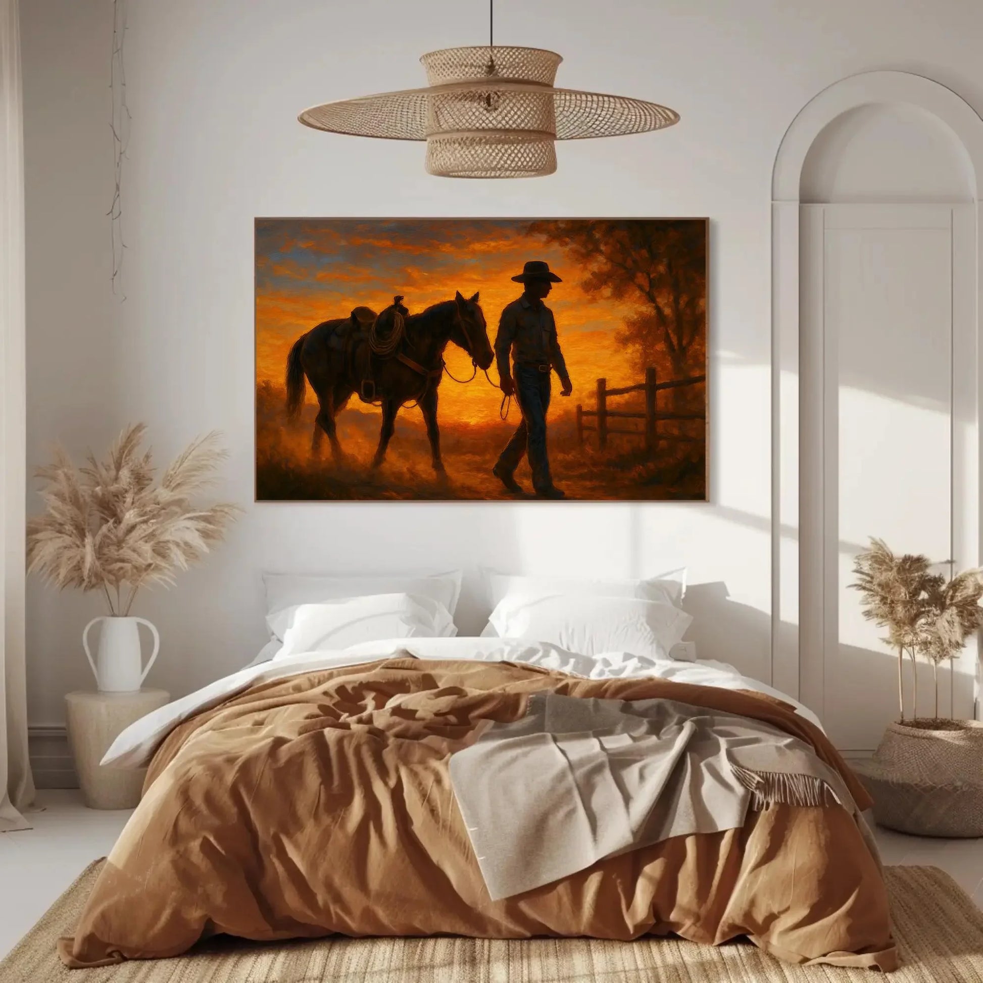 Cowboy and Horse Sunset Canvas Print – Western Ranch Wall Art Painting for Rustic Country Home Decor, Cowboy Silhouette Orange Sky Wall Art – Canvas Print