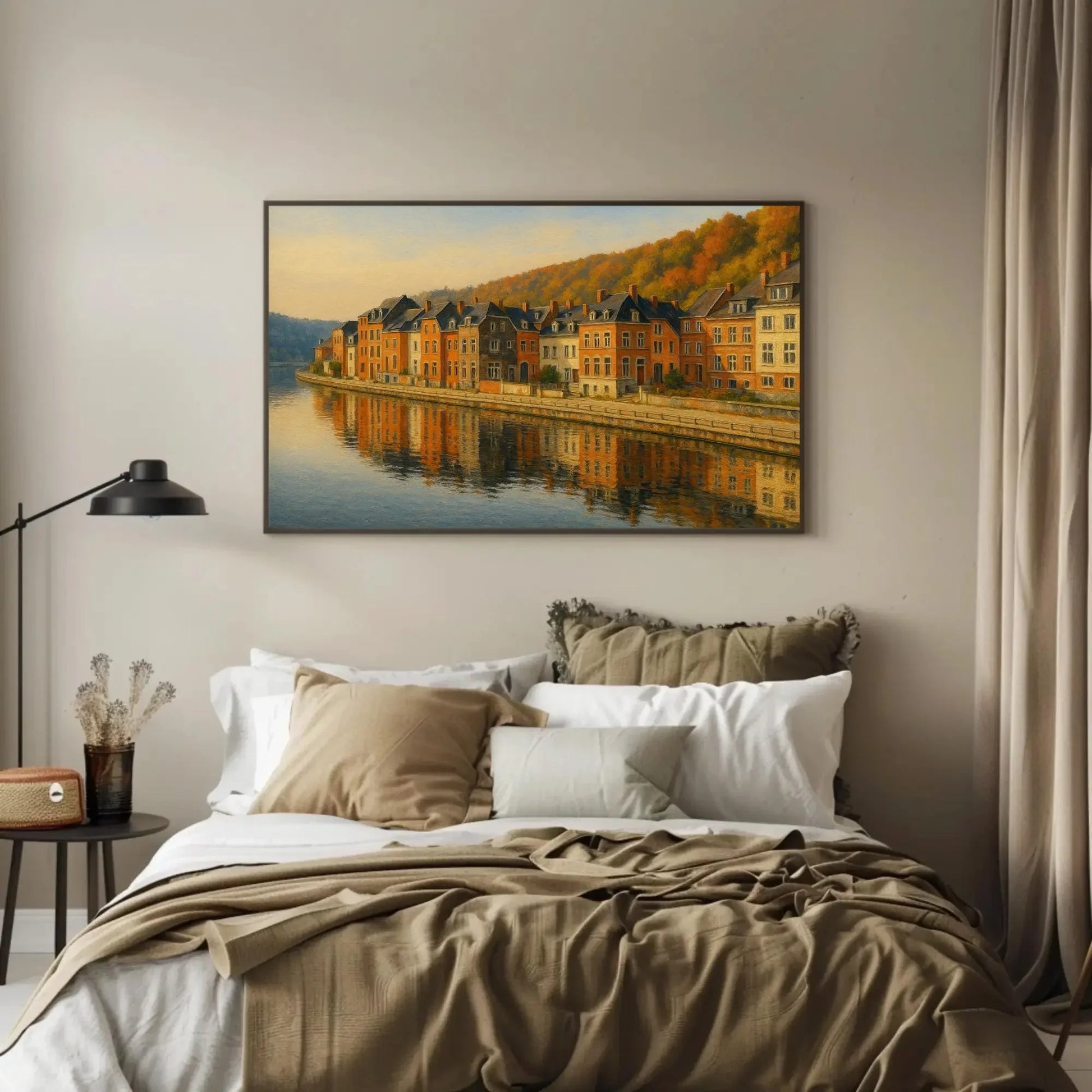Dinant Belgium Riverside Canvas Wall Art – Reflections of Historic Townhouses Painting for European Travel Home Decor Wall Art – Canvas Print