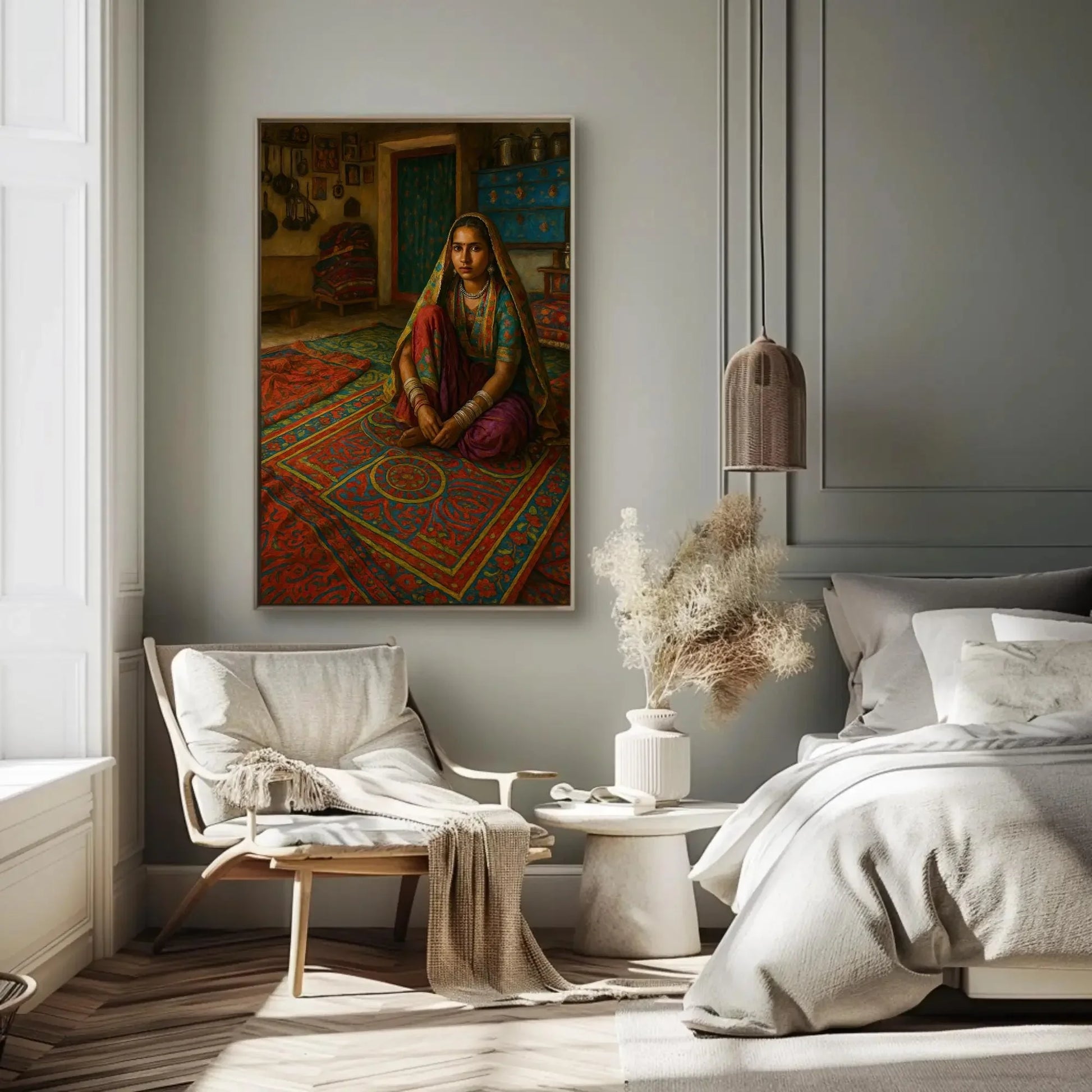 Traditional Gujarati Woman in Vibrant Rural Home Interior Sitting on Red Blue Rug Canvas Painting Cultural Wall Art Print Wall Art – Canvas Print