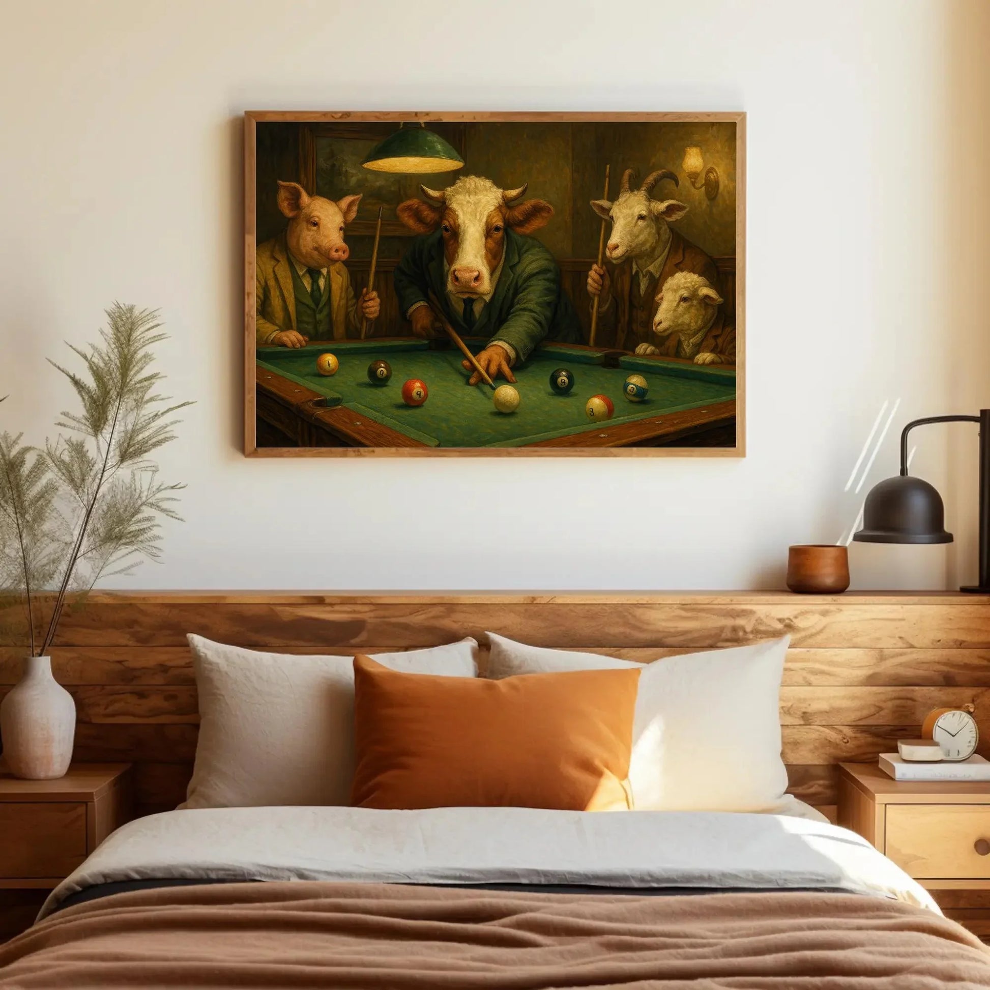 Farm Animal Pool Game Canvas Print Funny Art of Pig Cow Goat and Sheep Playing Billiards Suited Animals Wall Decor for Bar or Game Room Wall Art – Canvas Print