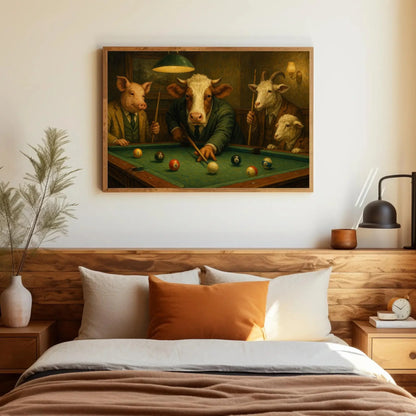 Farm Animal Pool Game Canvas Print Funny Art of Pig Cow Goat and Sheep Playing Billiards Suited Animals Wall Decor for Bar or Game Room Wall Art – Canvas Print