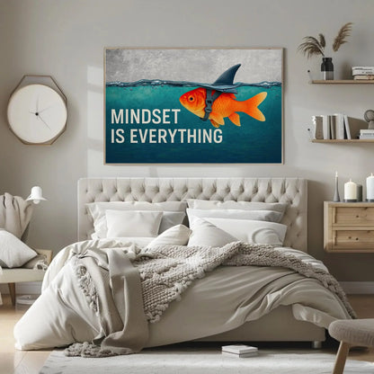 Mindset Is Everything Canvas Print, Extra Large Motivational Blue Goldfish with Shark Fin Wall Art, Inspirational Decor for Office, Gym Wall Art – Canvas Print