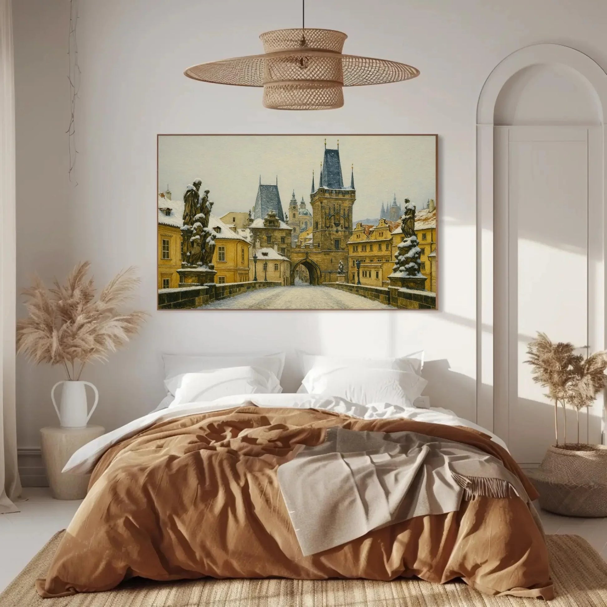 Charles Bridge Prague Winter Canvas Painting Print Czech Cityscape Wall Art Snowy Gothic Architecture Artwork for Living Room Decor Wall Art – Canvas Print
