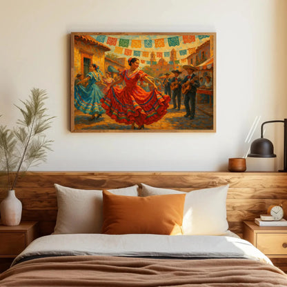 Mexican Cinco De Mayo Folk Dance Canvas Wall Art for Kitchen or Fiesta Themed Dining Room – Colorful Traditional Festival Painting Wall Art – Canvas Print