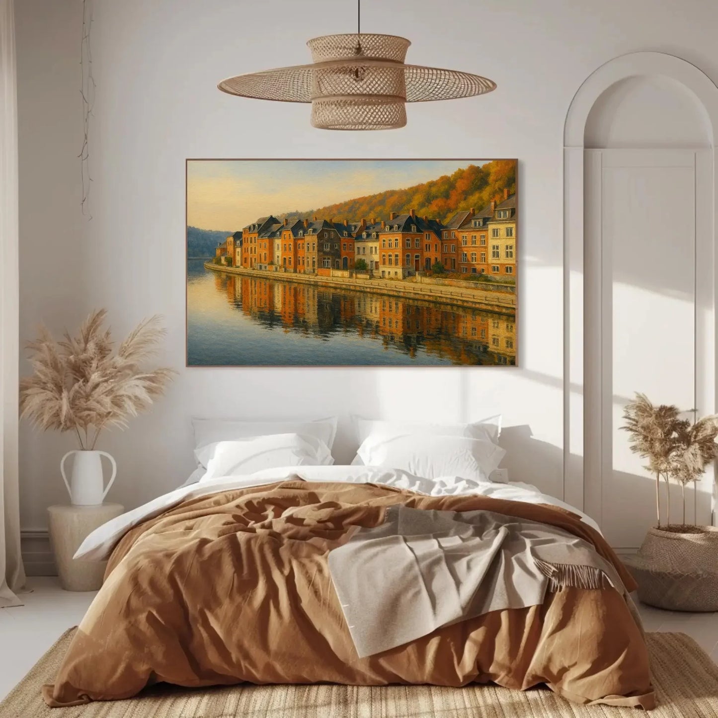 Dinant Belgium Riverside Canvas Wall Art – Reflections of Historic Townhouses Painting for European Travel Home Decor Wall Art – Canvas Print