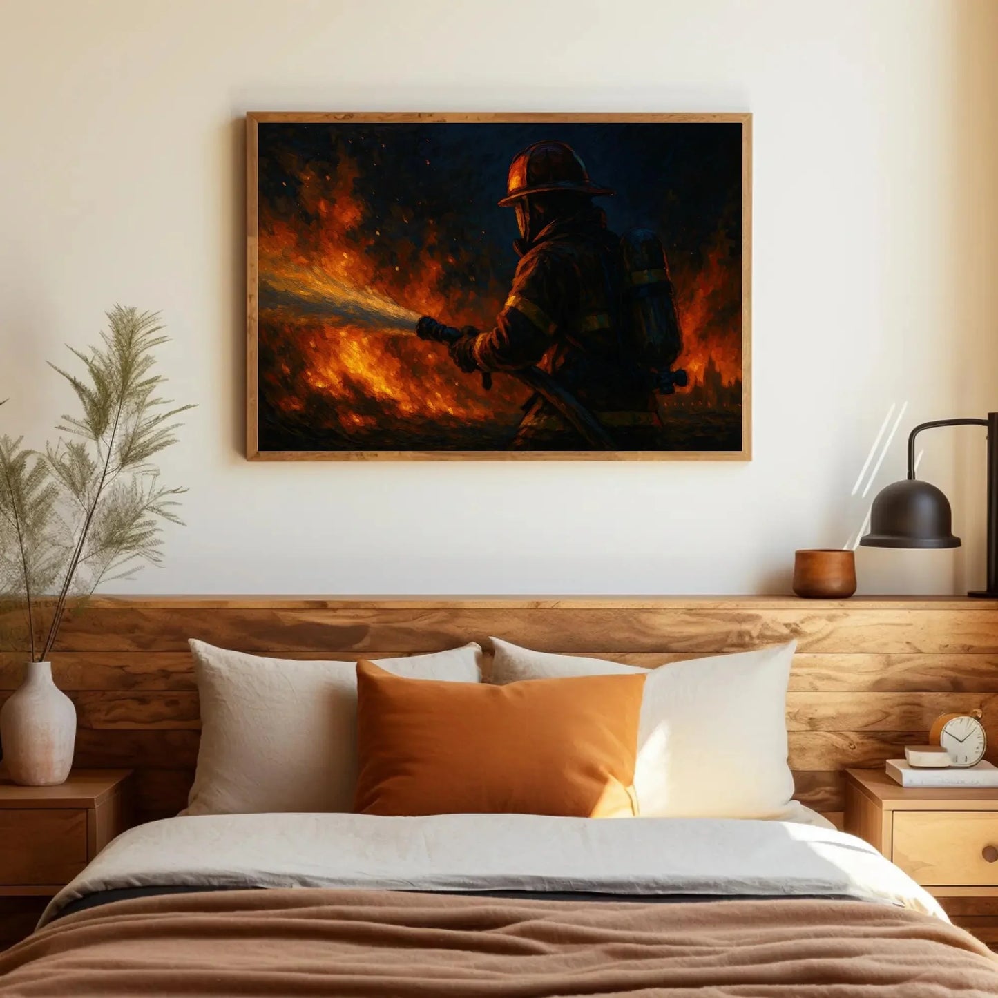 Brave Firefighter Battling Blaze Canvas Print – Hero Fireman Painting Wall Art for Emergency Responders, Action Fire Scene Decor Gift Wall Art – Canvas Print