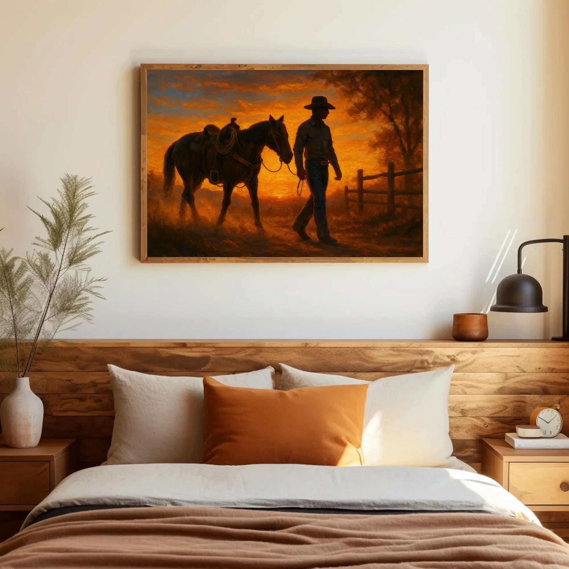 Cowboy and Horse Sunset Canvas Print – Western Ranch Wall Art Painting for Rustic Country Home Decor, Cowboy Silhouette Orange Sky Wall Art – Canvas Print