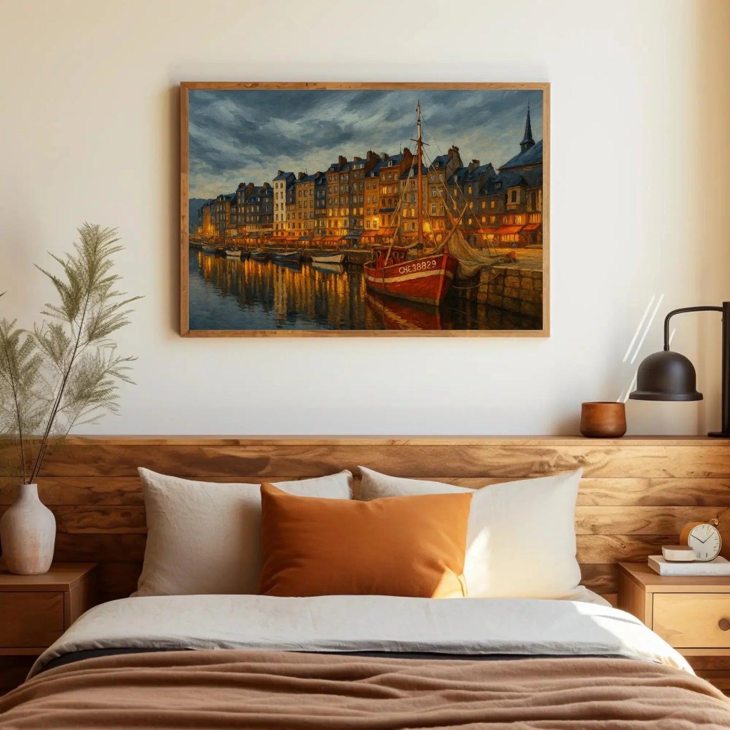Honfleur France Harbor at Twilight Canvas Print Red Boat Seaside Town Wall Art for Coastal Decor and European Travel Gift Wall Art – Canvas Print