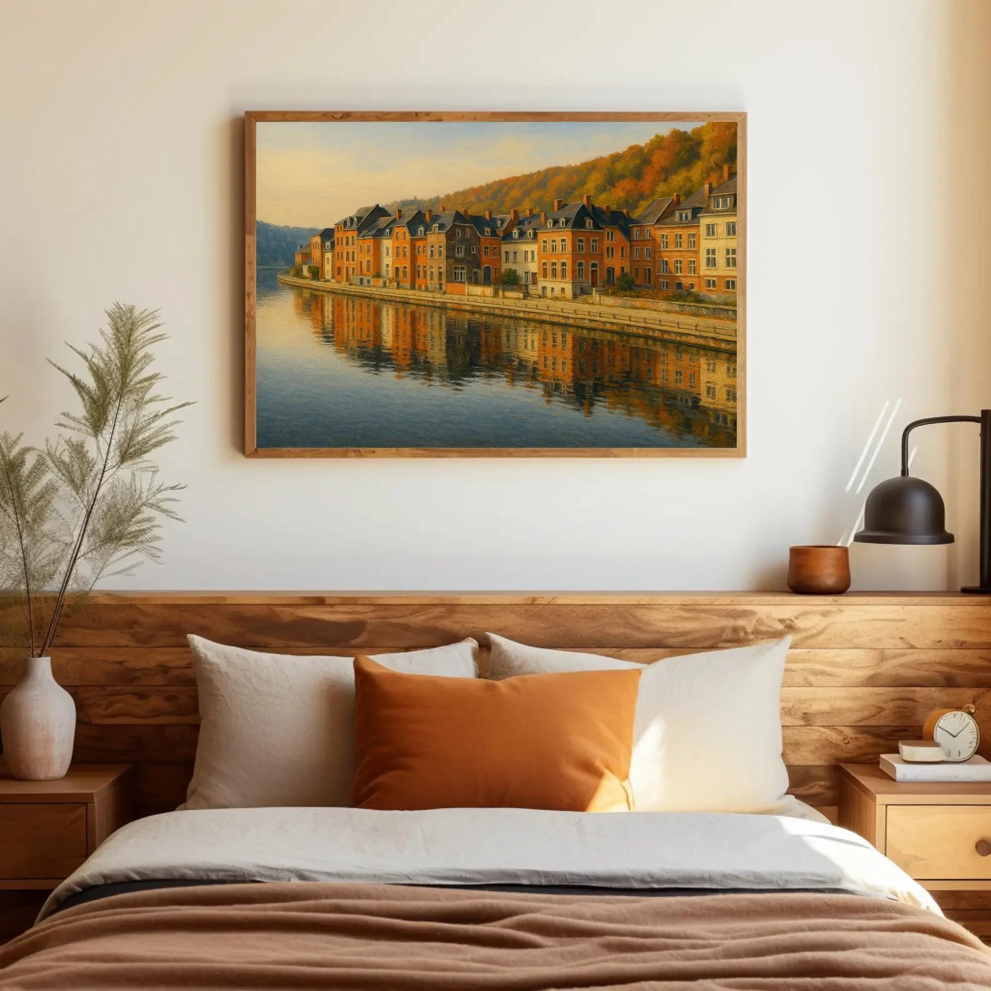 Dinant Belgium Riverside Canvas Wall Art – Reflections of Historic Townhouses Painting for European Travel Home Decor Wall Art – Canvas Print