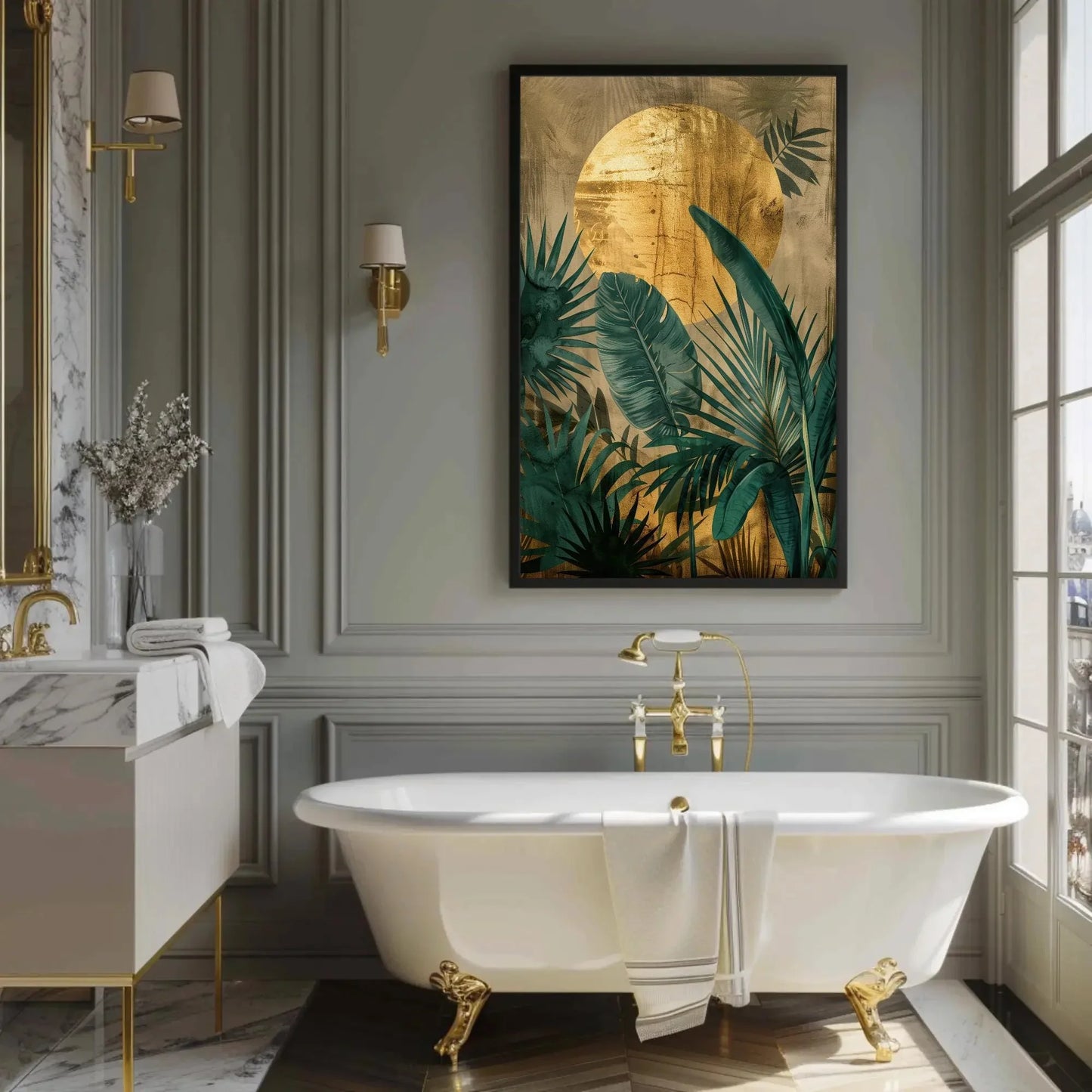 Golden Sun and Tropical Plants Wall Art | Green and Gold Jungle Canvas Print | Tropical Nature Wall Decor | Large Botanical Forest Art Wall Art – Canvas Print
