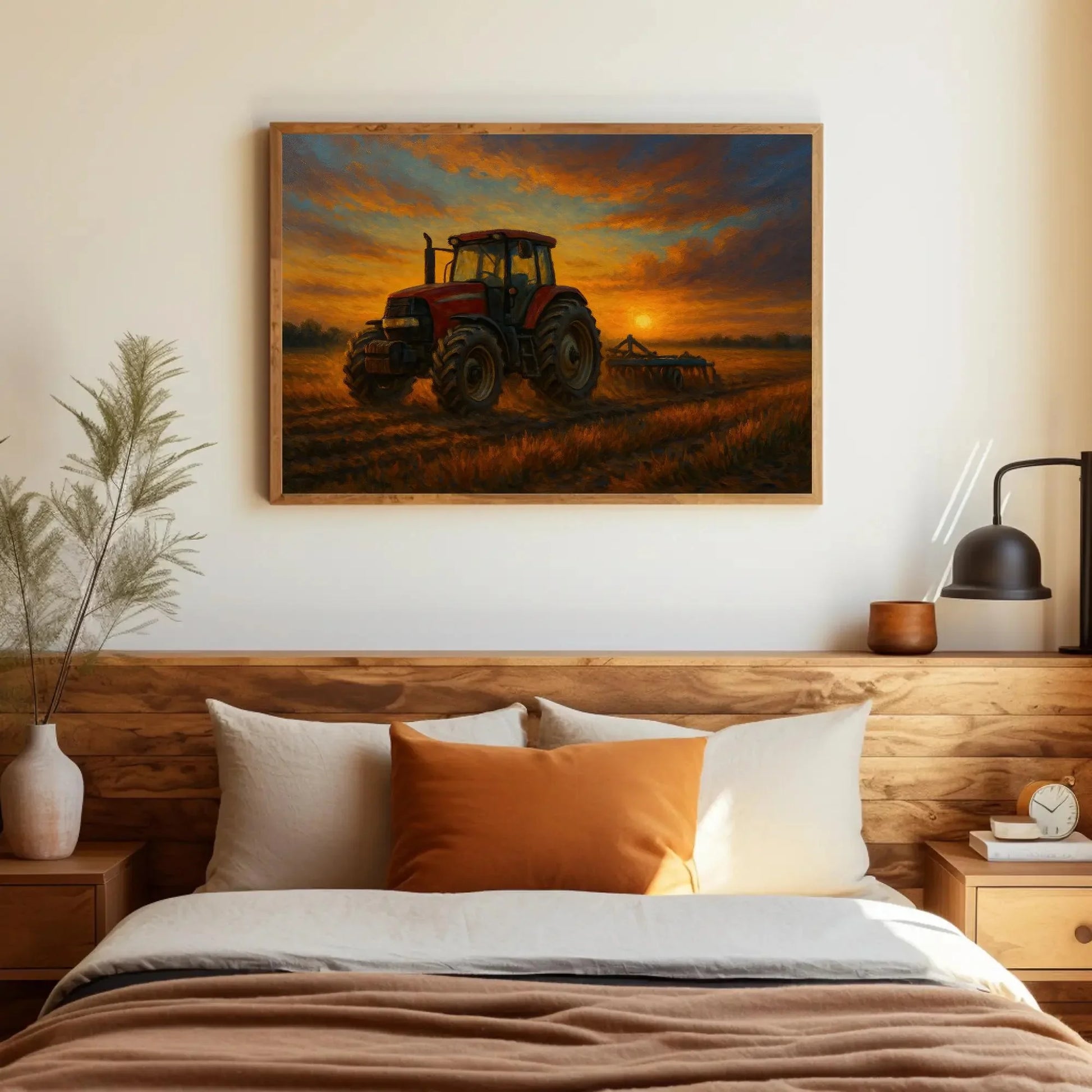 Red Tractor at Sunset in Rural Farm Field – Rustic Country Landscape Canvas Wall Art – Farming Painting for Modern Barn or Home Decor Wall Art – Canvas Print