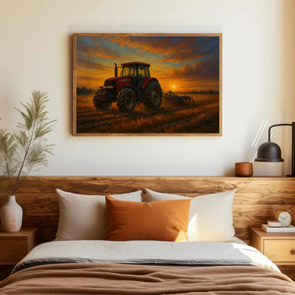 Red Tractor at Sunset in Rural Farm Field – Rustic Country Landscape Canvas Wall Art – Farming Painting for Modern Barn or Home Decor Wall Art – Canvas Print
