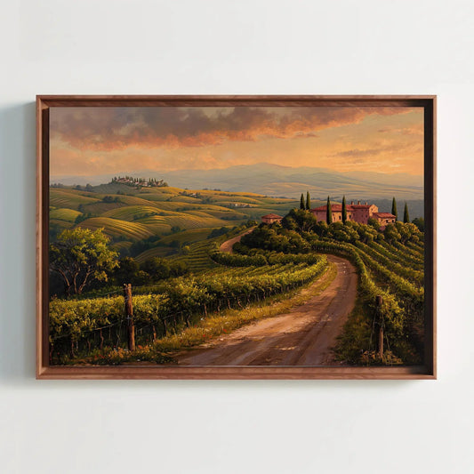 Tuscany landscape canvas wall art print with vineyards and rustic villas for italian countryside decor or cozy kitchen and wine room Wall Art – Canvas Print
