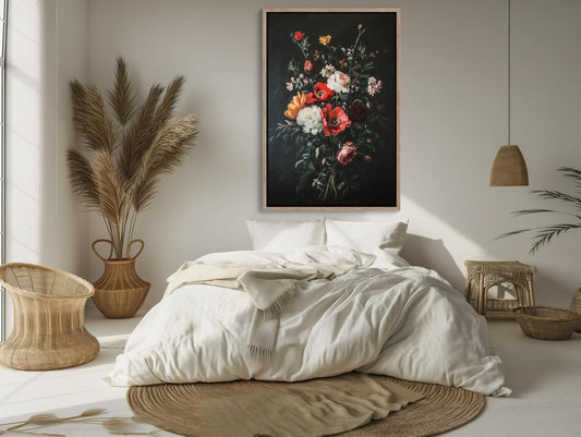 Moody Vintage Flowers Bouquet on Matte Background Canvas Print - Elegant Floral Wall Art - Framed Rustic Decor for Living Room or Bedroom Wall Art – Canvas Print