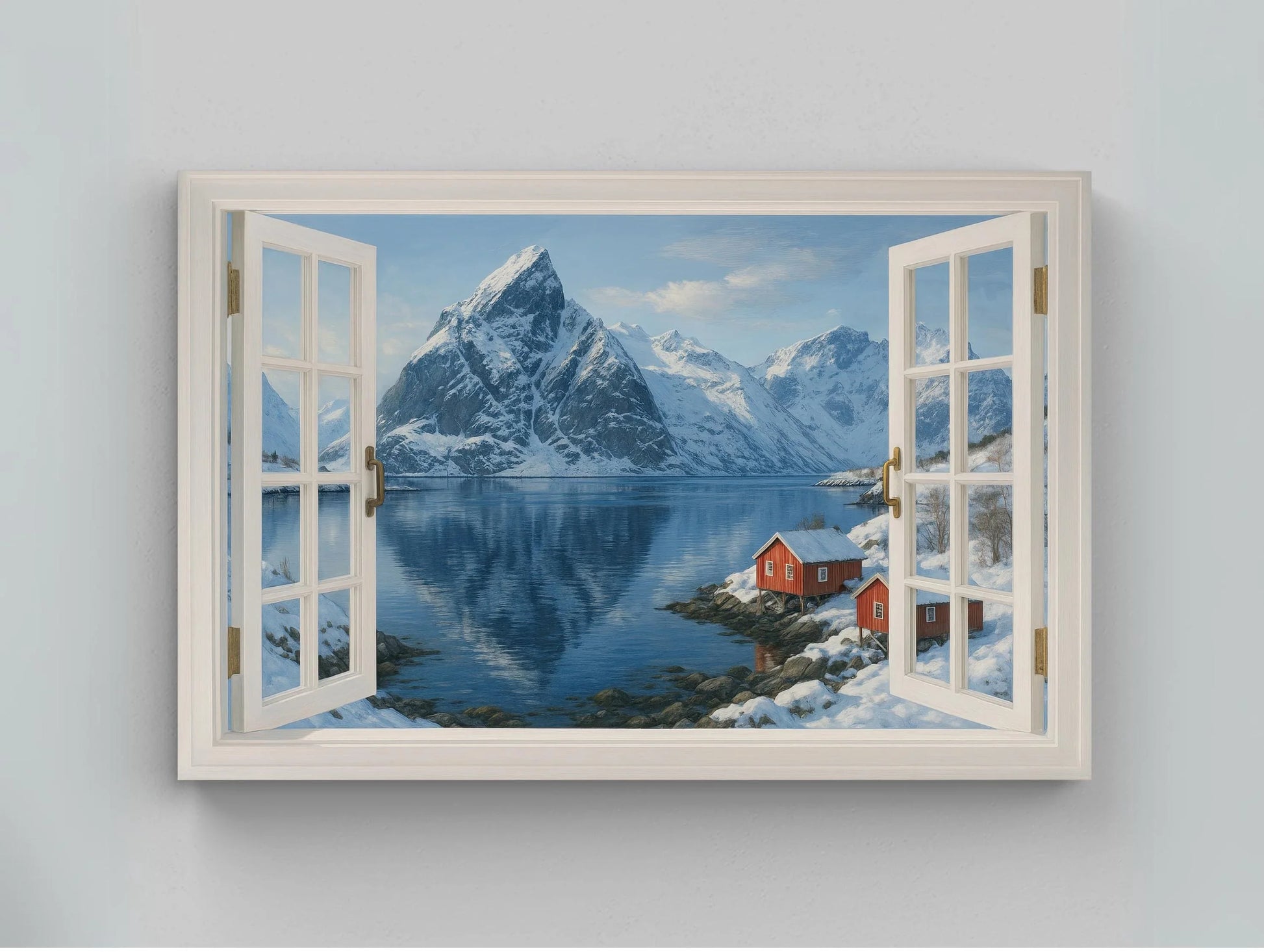 Norwegian fjord winter open window view canvas wall art print for mountain cabin or Scandinavian home featuring snow and red cabins Wall Art – Canvas Print