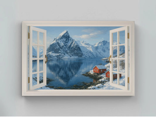 Norwegian fjord winter open window view canvas wall art print for mountain cabin or Scandinavian home featuring snow and red cabins Wall Art – Canvas Print