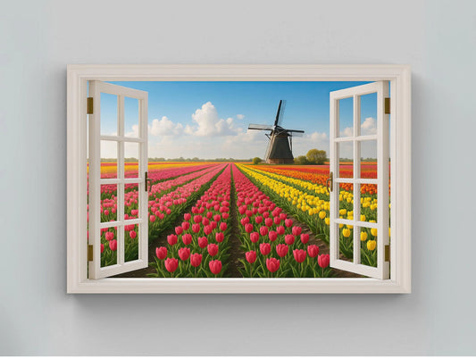Tulip field windmill canvas wall art print with open window view of Dutch spring landscape for floral home decor or Netherlands theme room Wall Art – Canvas Print