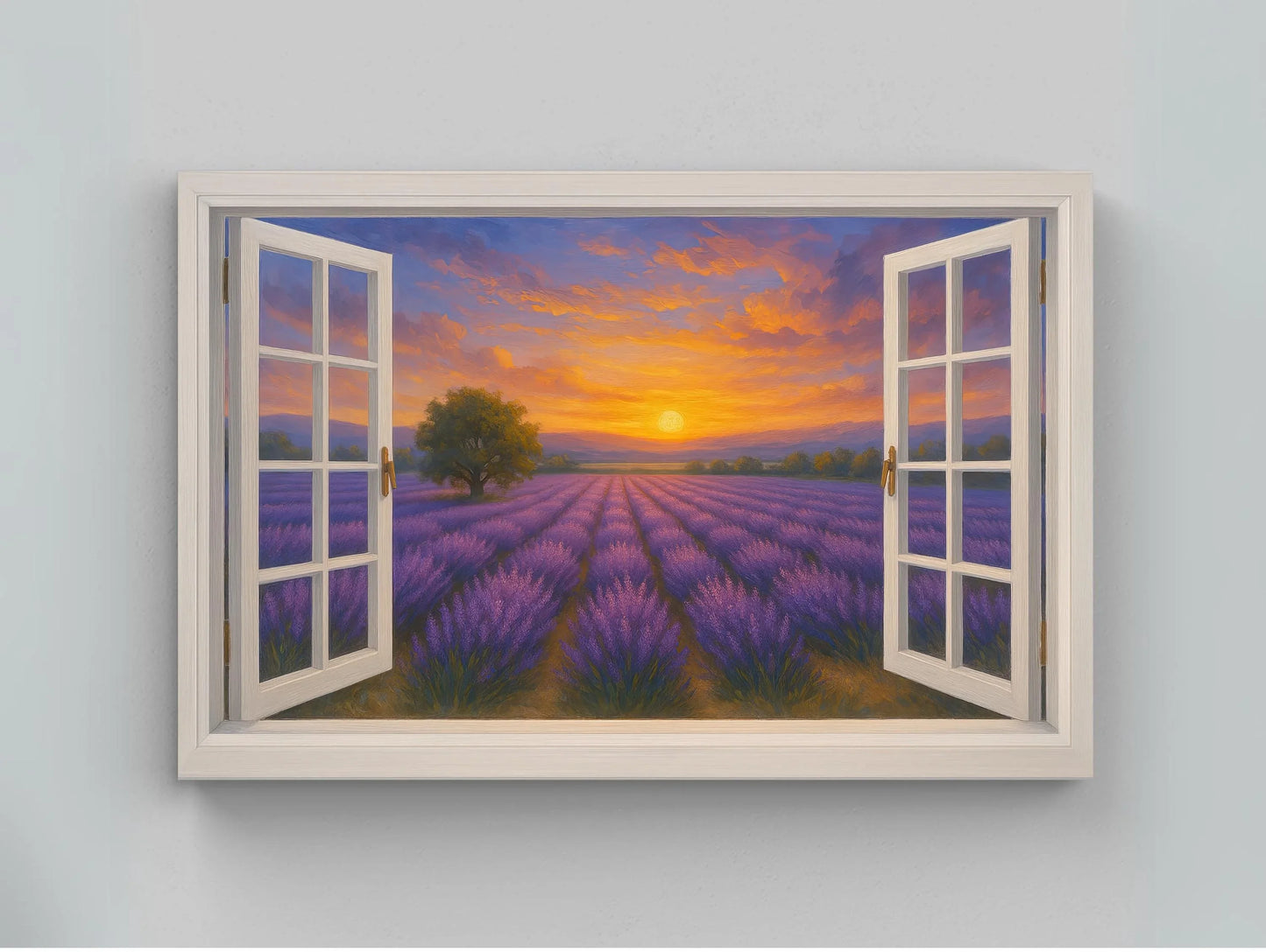 Lavender field sunset open window view canvas wall art print for romantic rustic bedroom or French countryside home decor painting Wall Art – Canvas Print