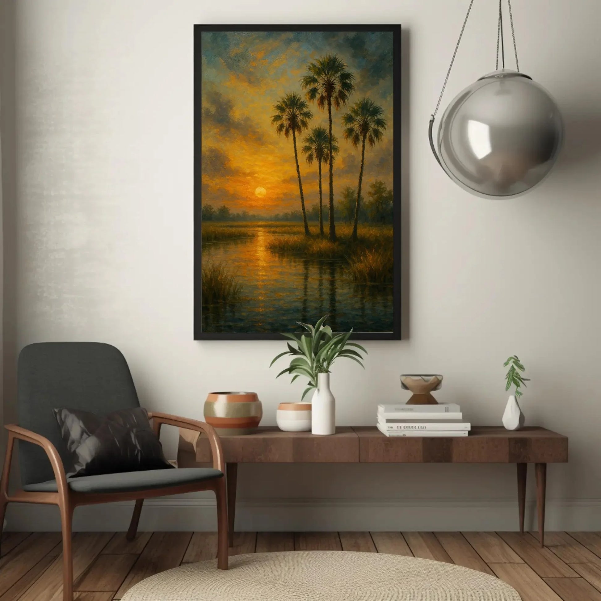 Tropical palm tree sunset canvas painting wall art for beach house or calming bedroom decor with golden marsh and glowing water print Wall Art – Canvas Print