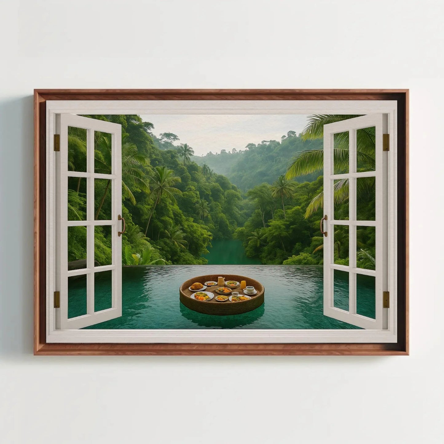 Jungle infinity pool canvas wall art print with open window view of tropical rainforest and floating breakfast tray for spa or exotic decor Wall Art – Canvas Print