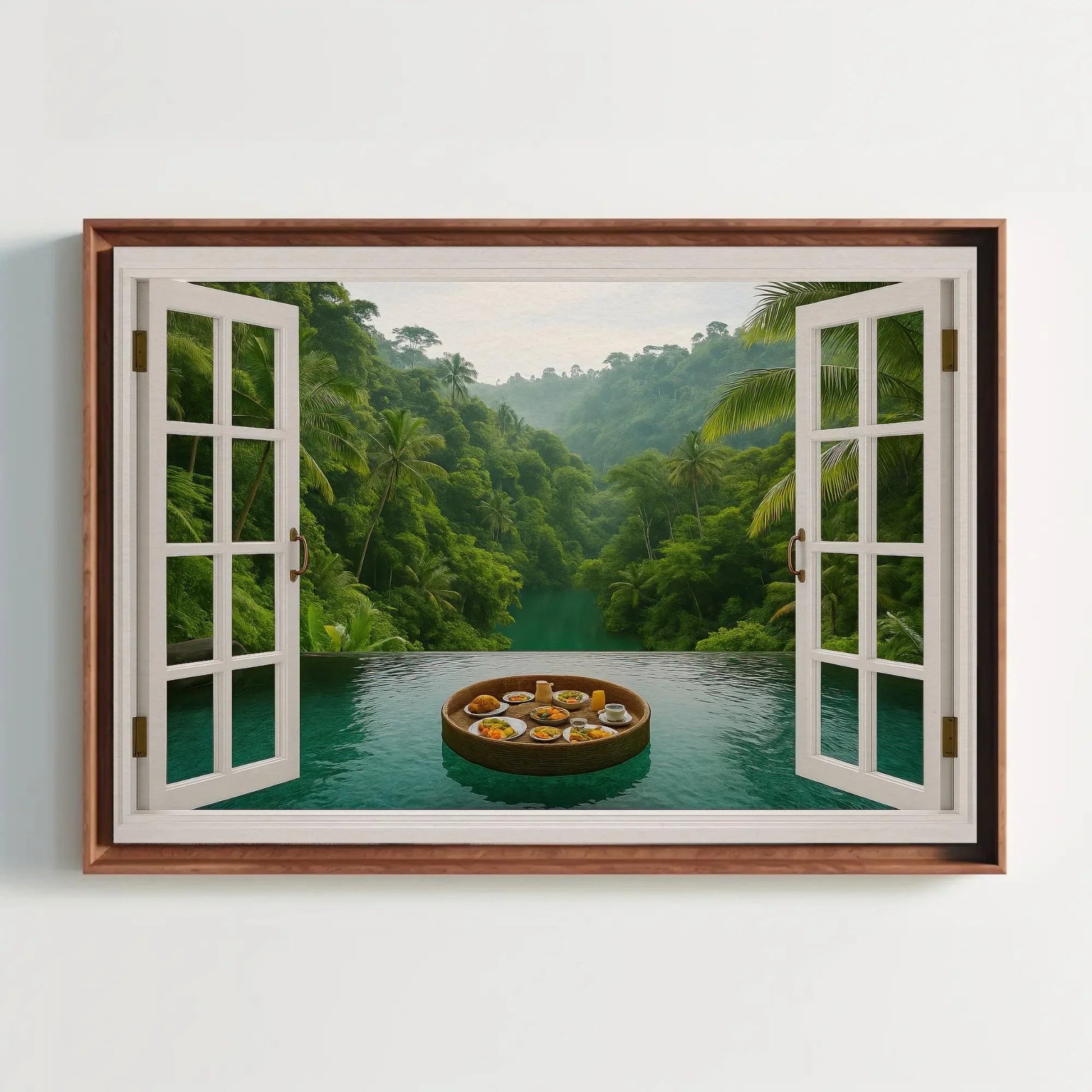 Jungle infinity pool canvas wall art print with open window view of tropical rainforest and floating breakfast tray for spa or exotic decor Wall Art – Canvas Print
